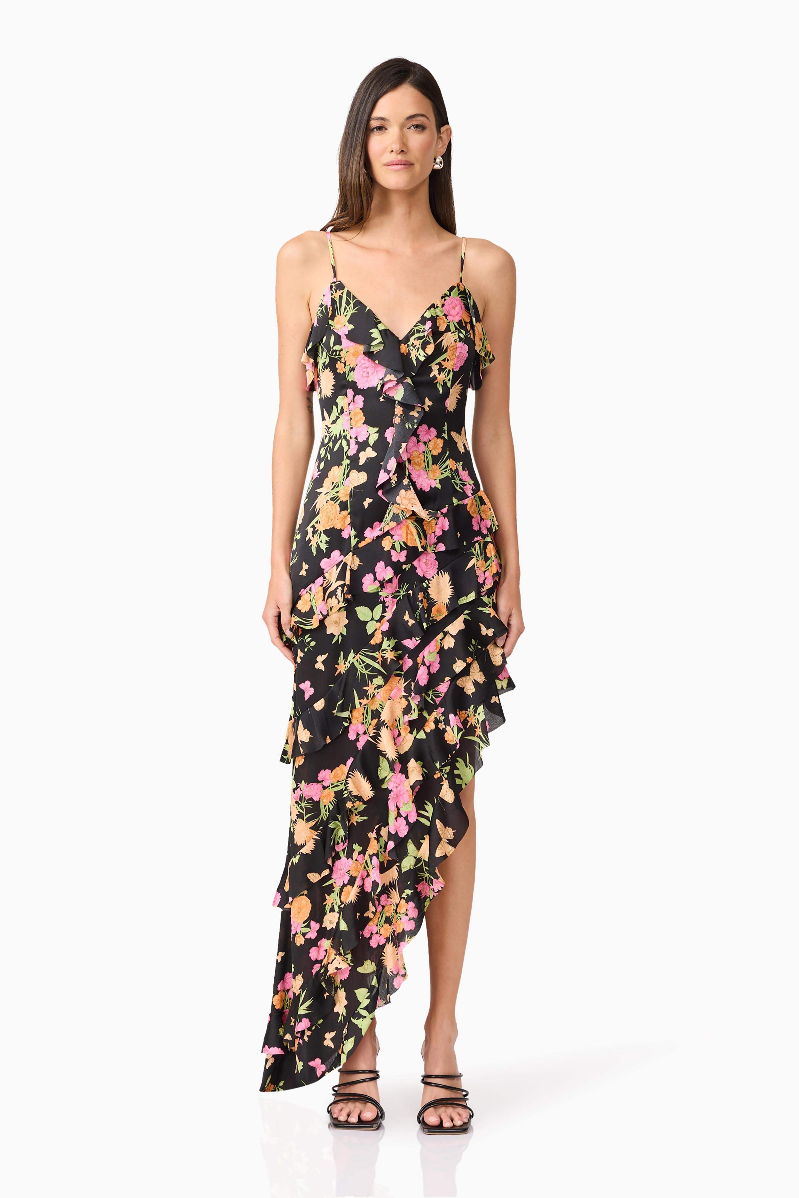 Tess Floral Asymmetrical Maxi Dress in Black