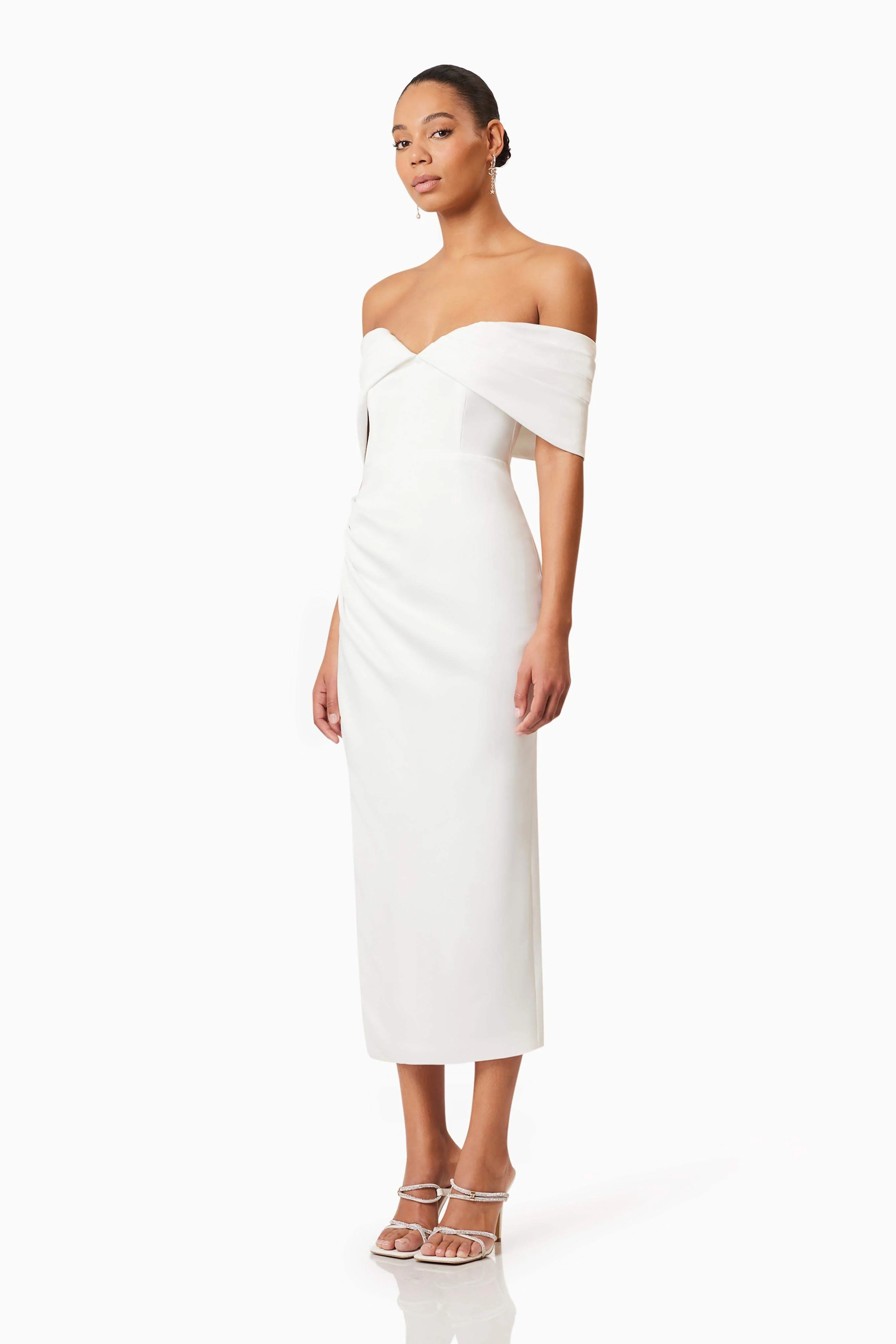 Rose Off The Shoulder Midi Dress In White