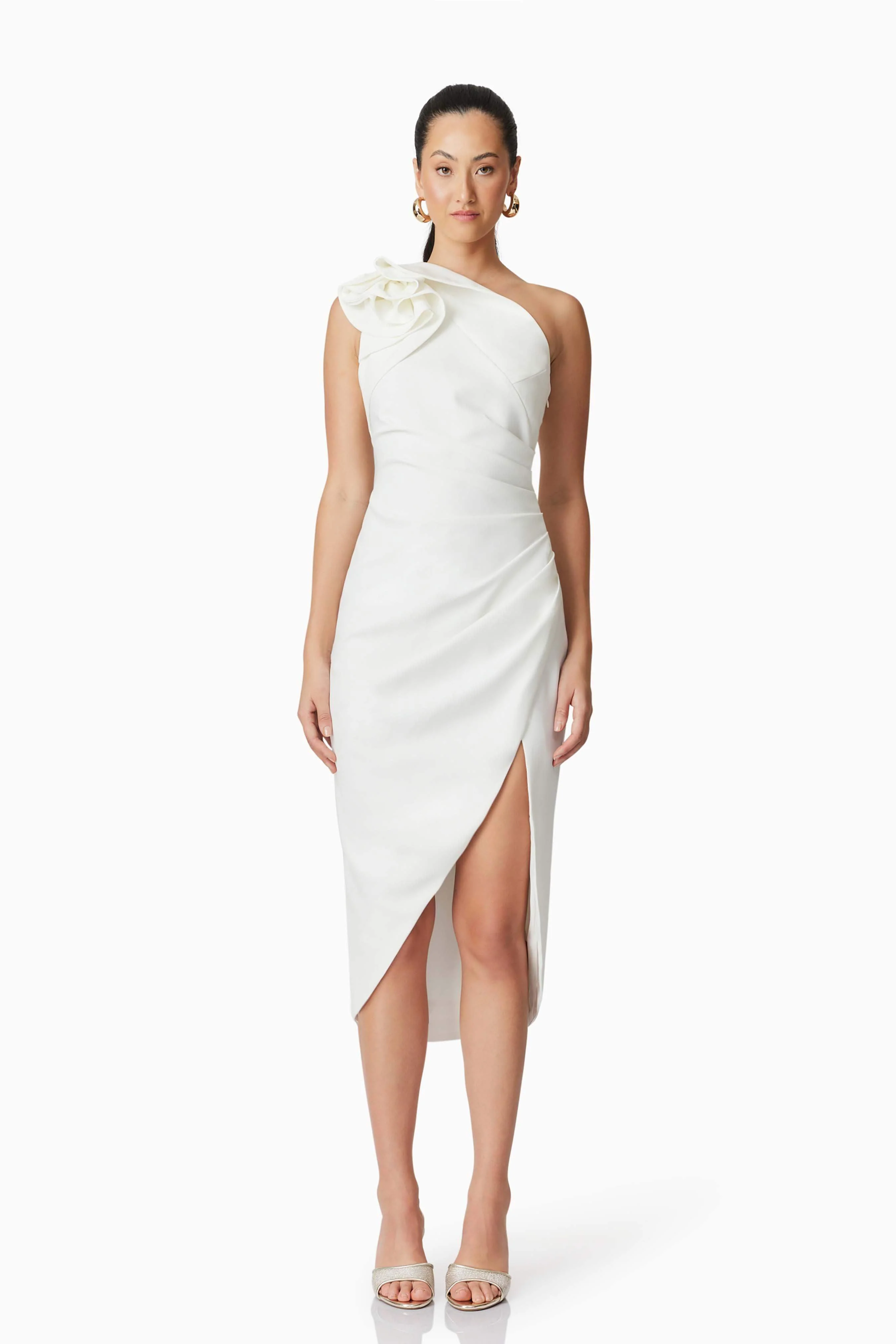 Hazelle One Shoulder Midi Dress in White