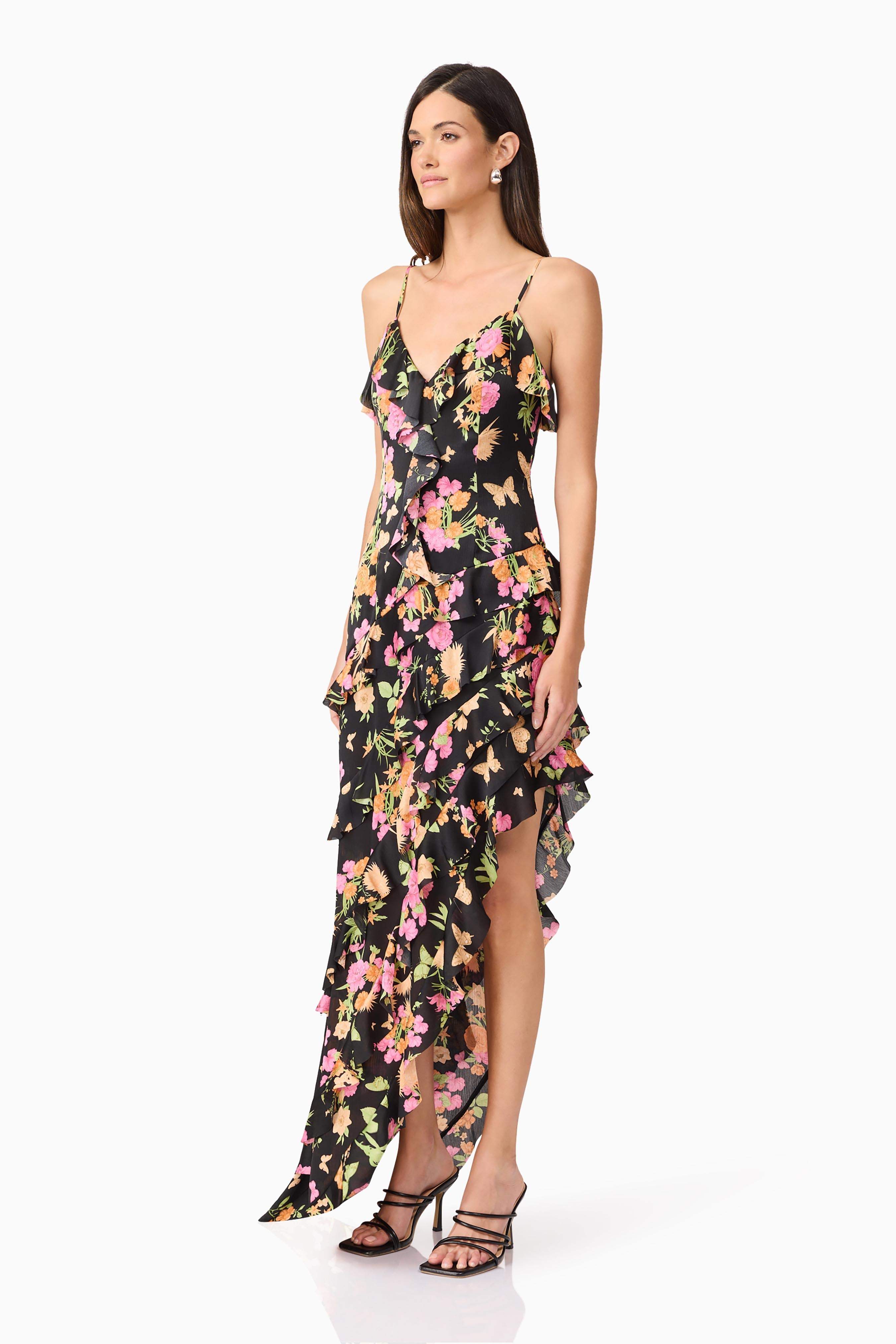 Tess Floral Asymmetrical Maxi Dress in Black