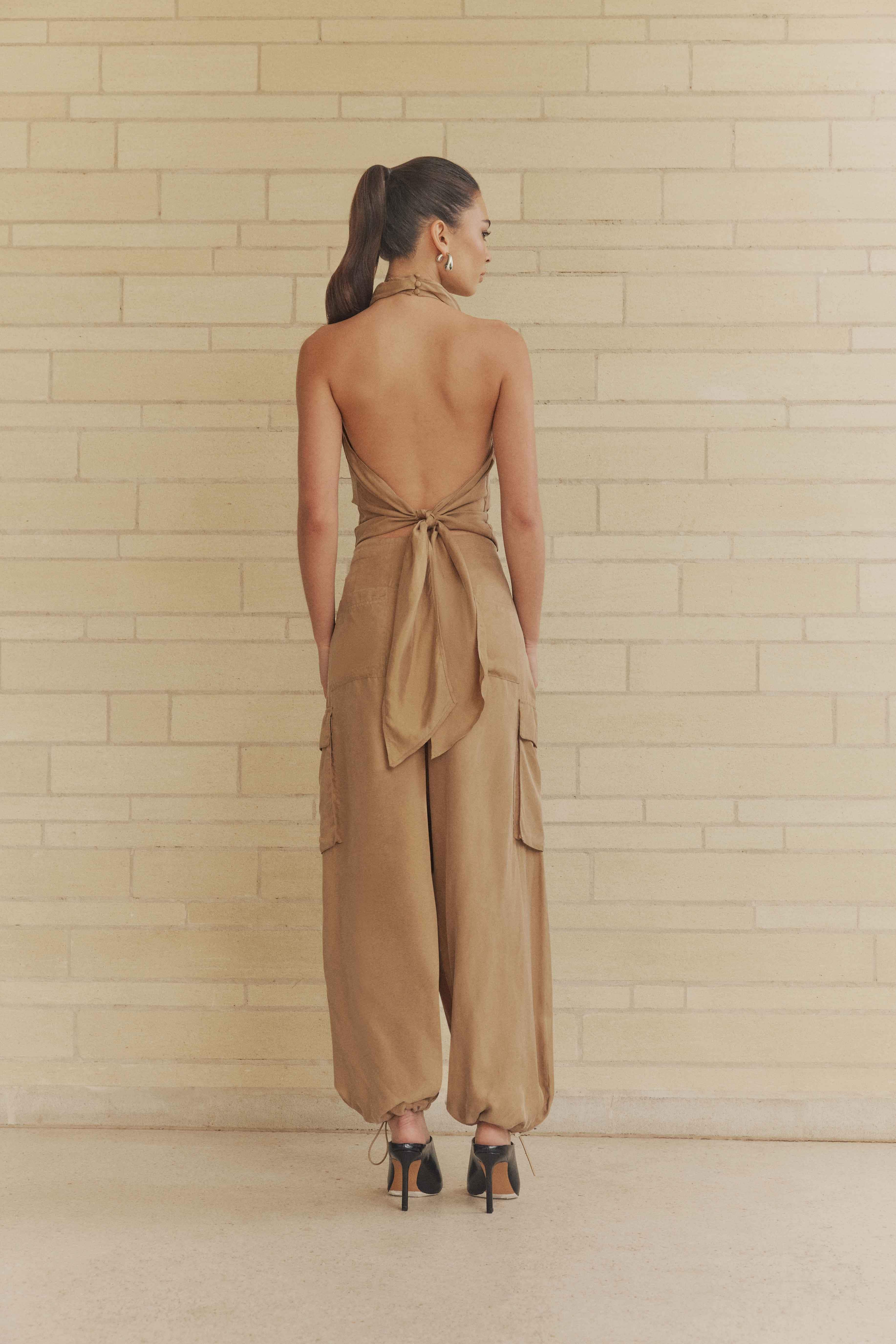 CURAAE Amber Tie Back Halter Cowl Neck Top in Beige