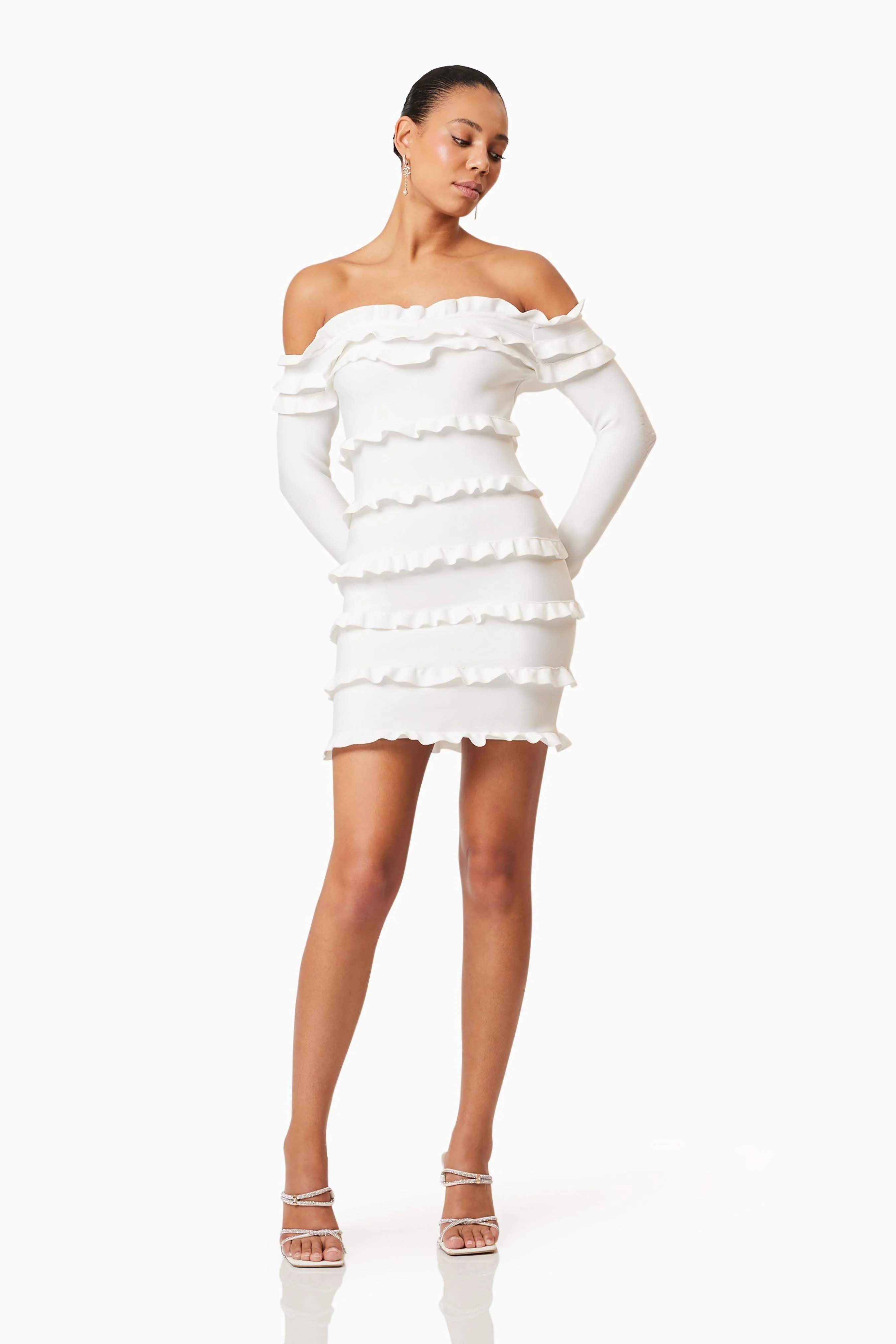 Kimberly Long Sleeve Frill Mini Dress in White