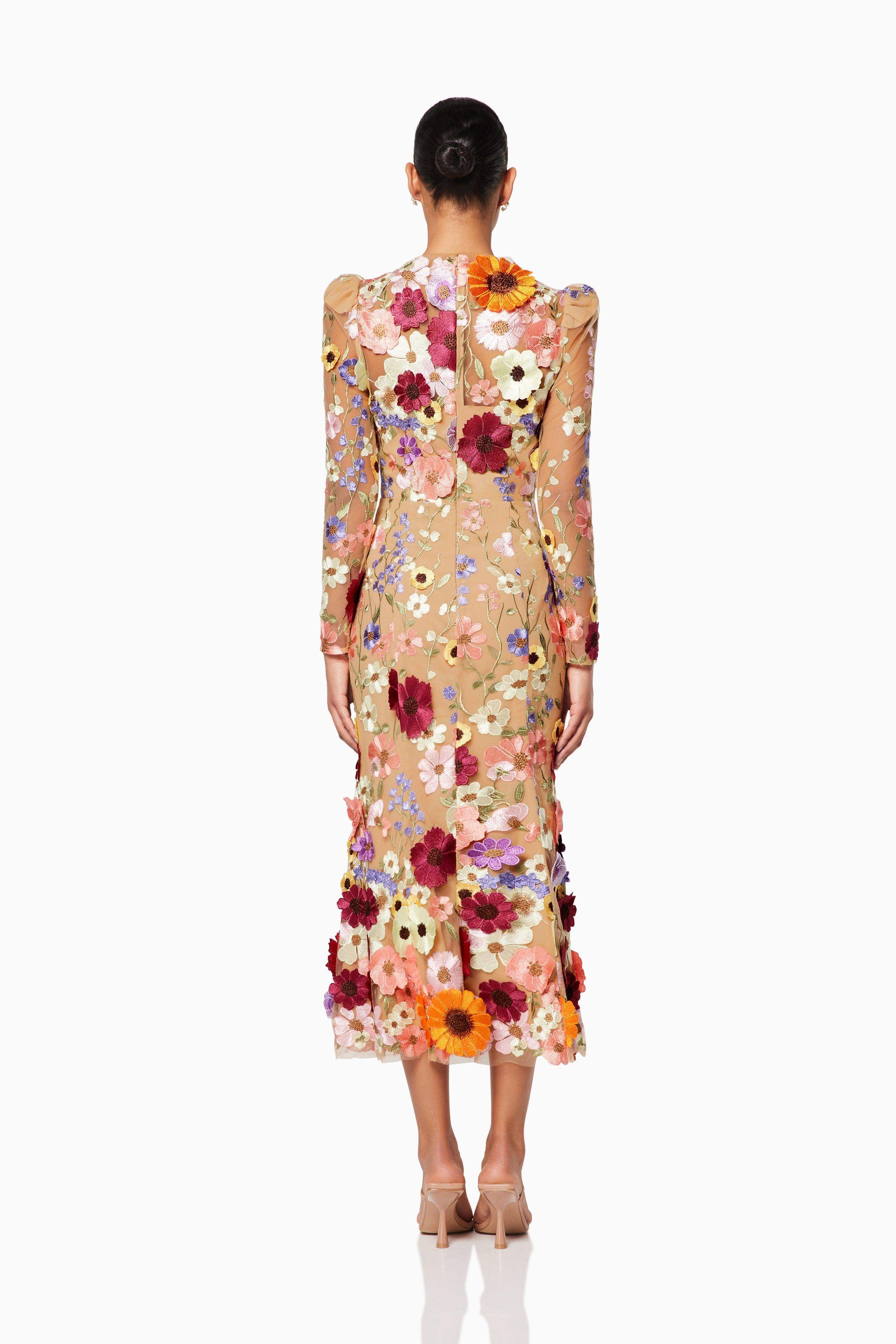 Shannon 3D Floral Midi Dress In Pink