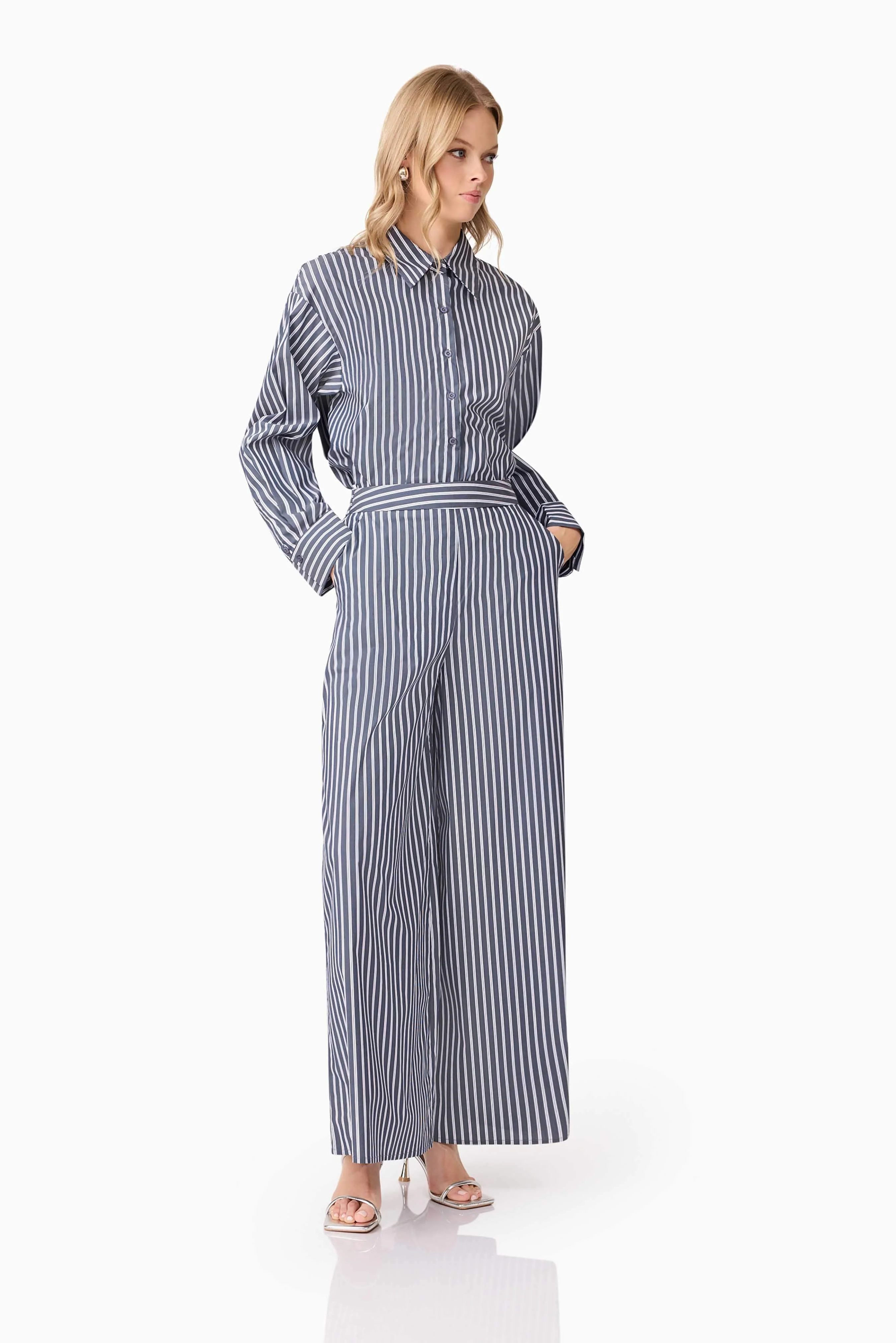 CURAAE Marcy Wide Leg Pants in Navy Stripe