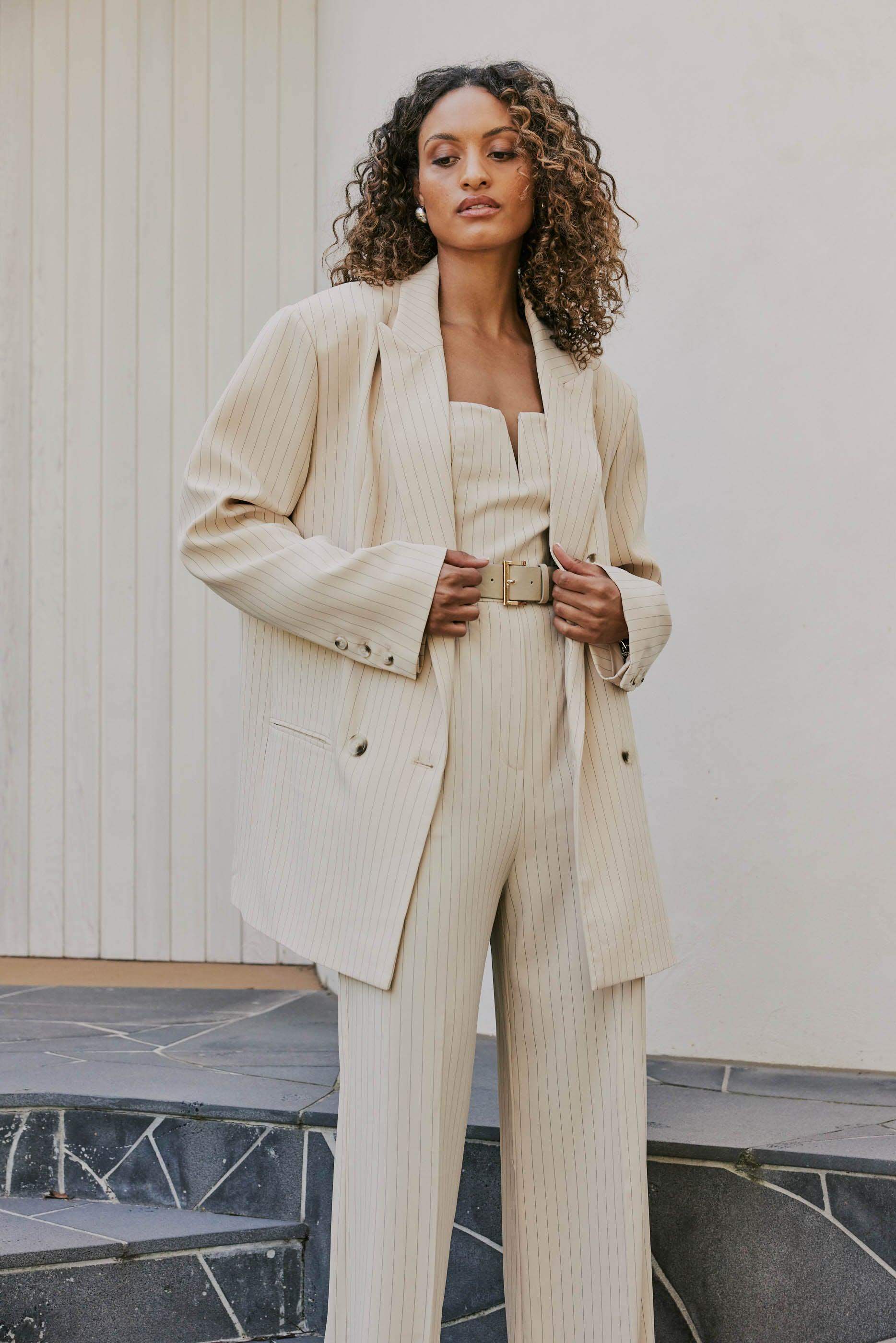 CURAAE Lyric Oversized Pinstripe Blazer In Beige