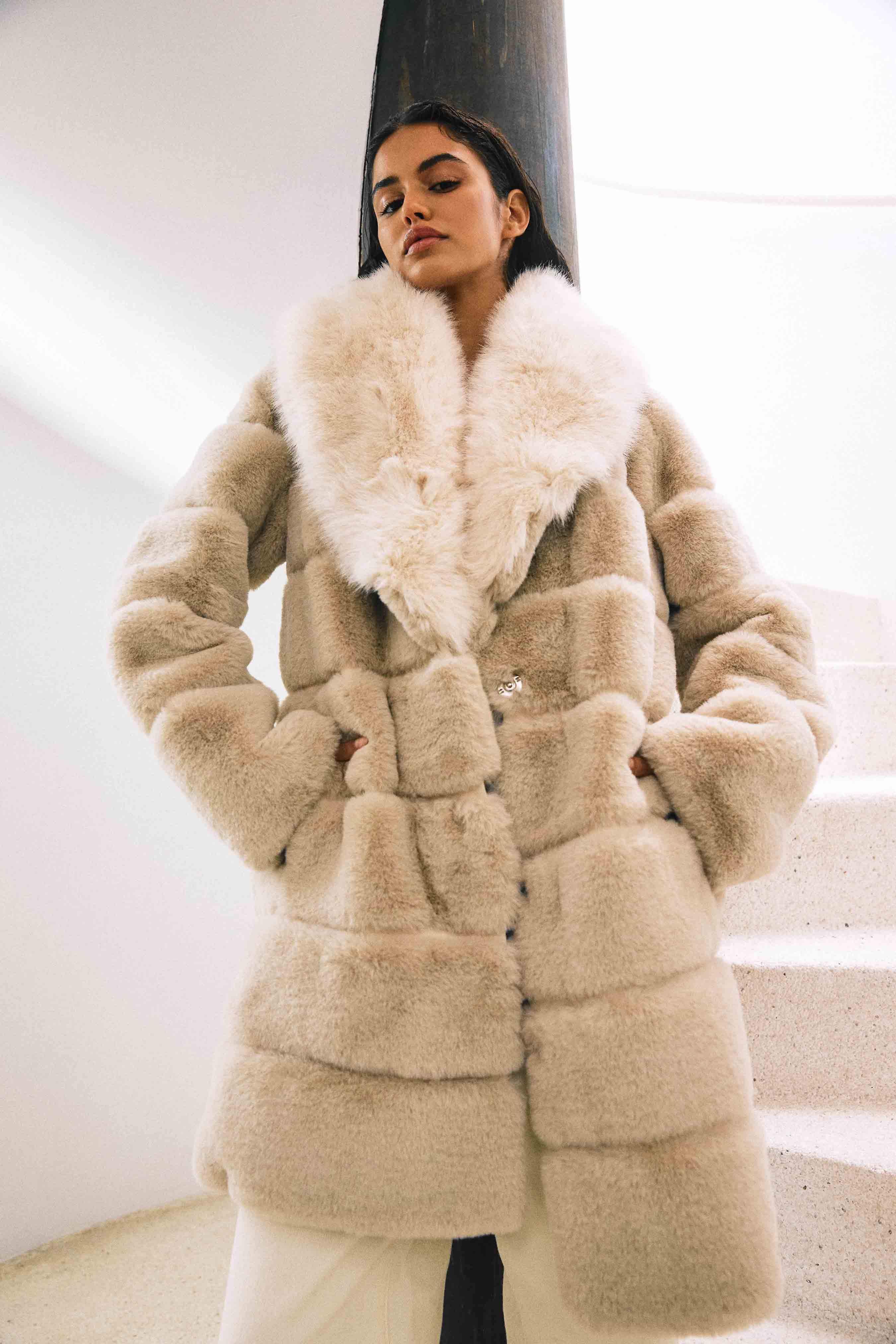 Keystone Faux Fur Coat in Beige
