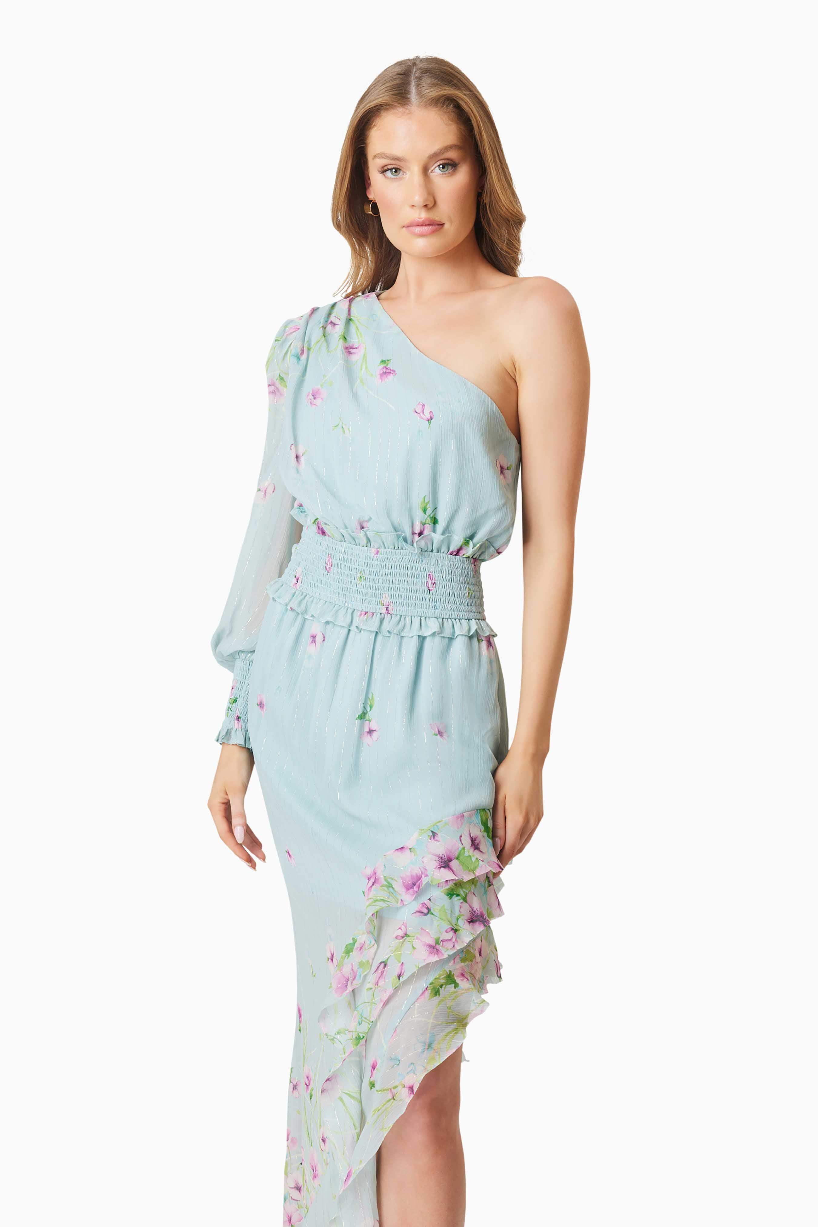 Quilla Hilo One Shoulder Maxi Gown In Blue