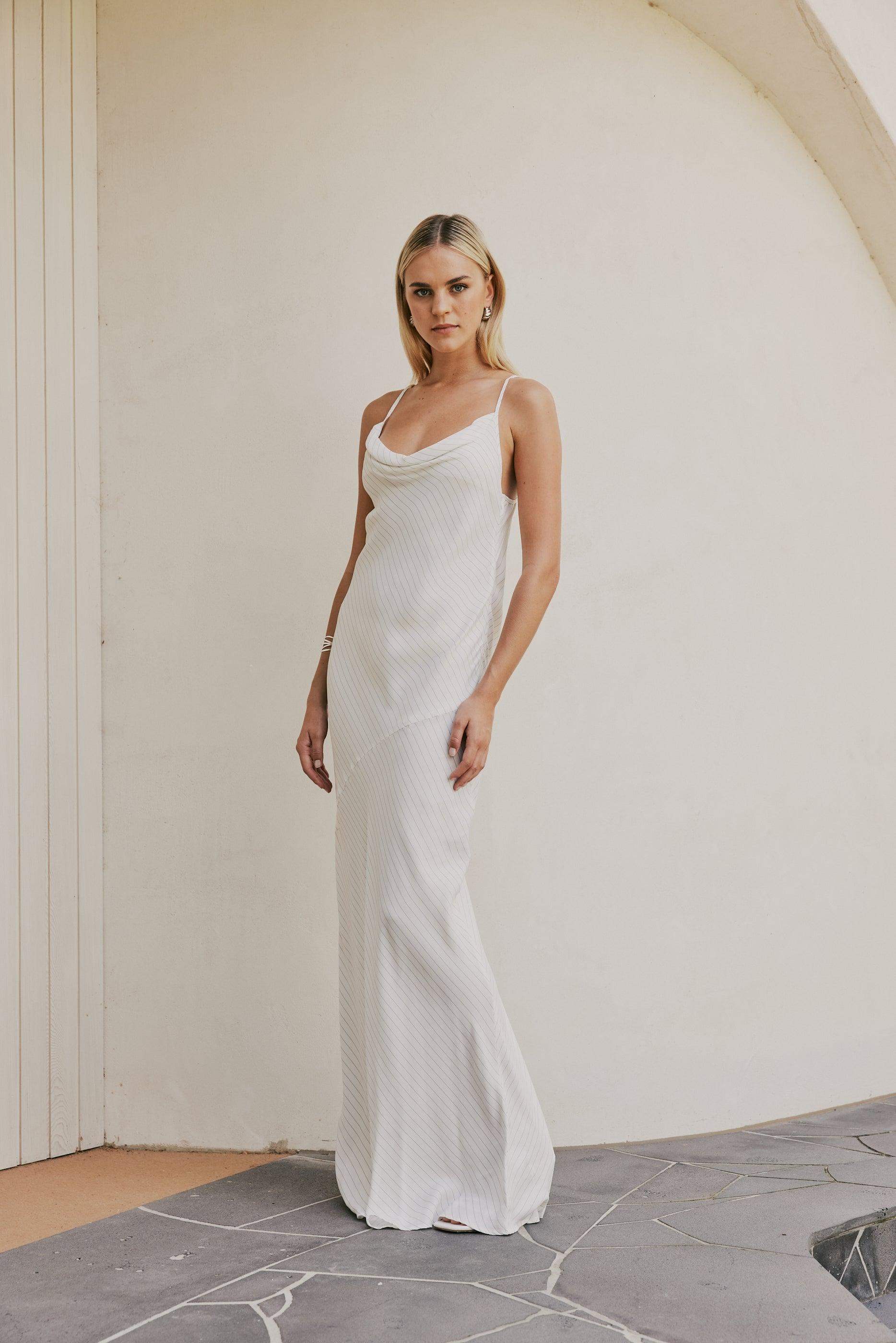 CURAAE Bella Maxi Cowl Neck Pinstripe Slip Dress In White