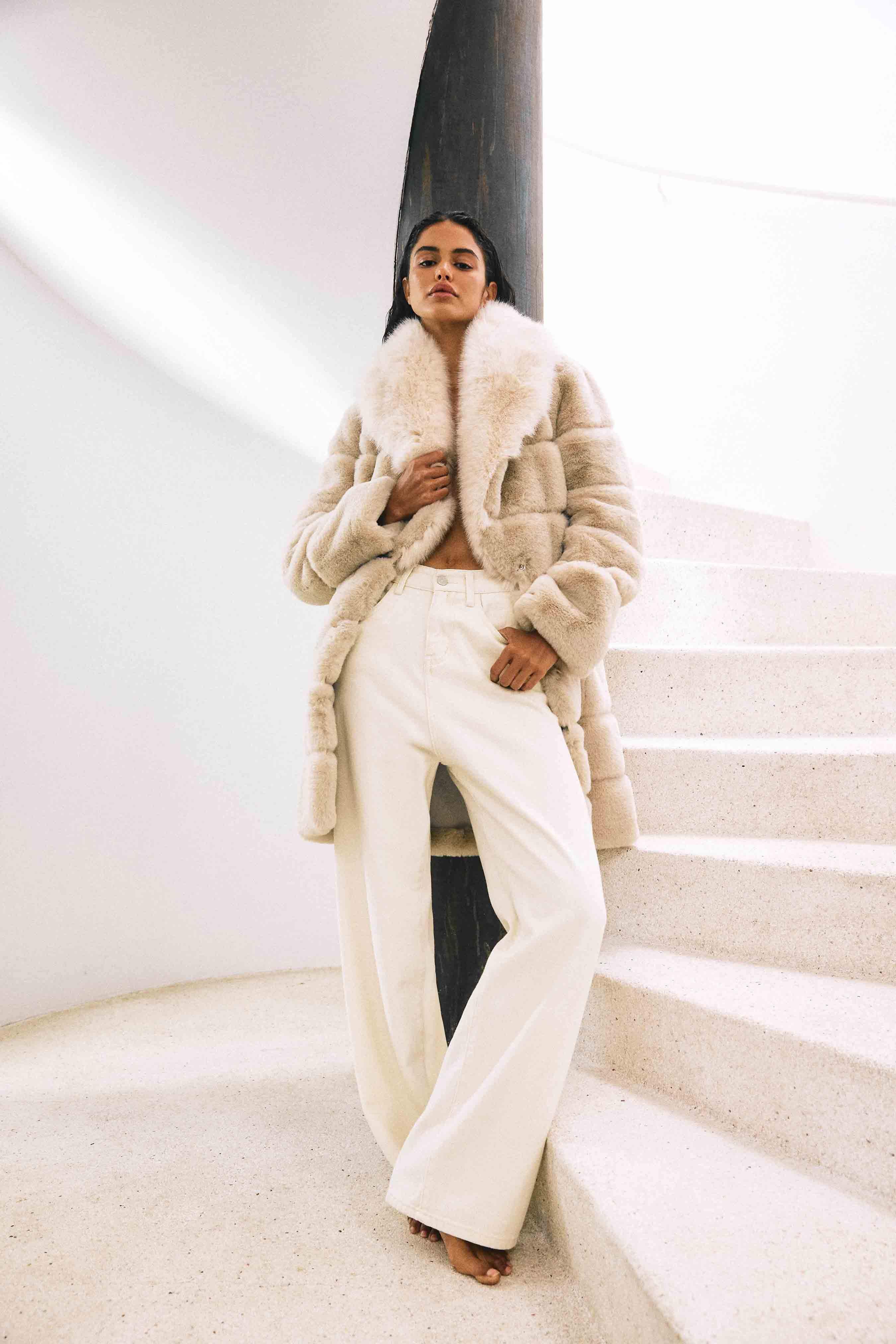 Keystone Faux Fur Coat in Beige