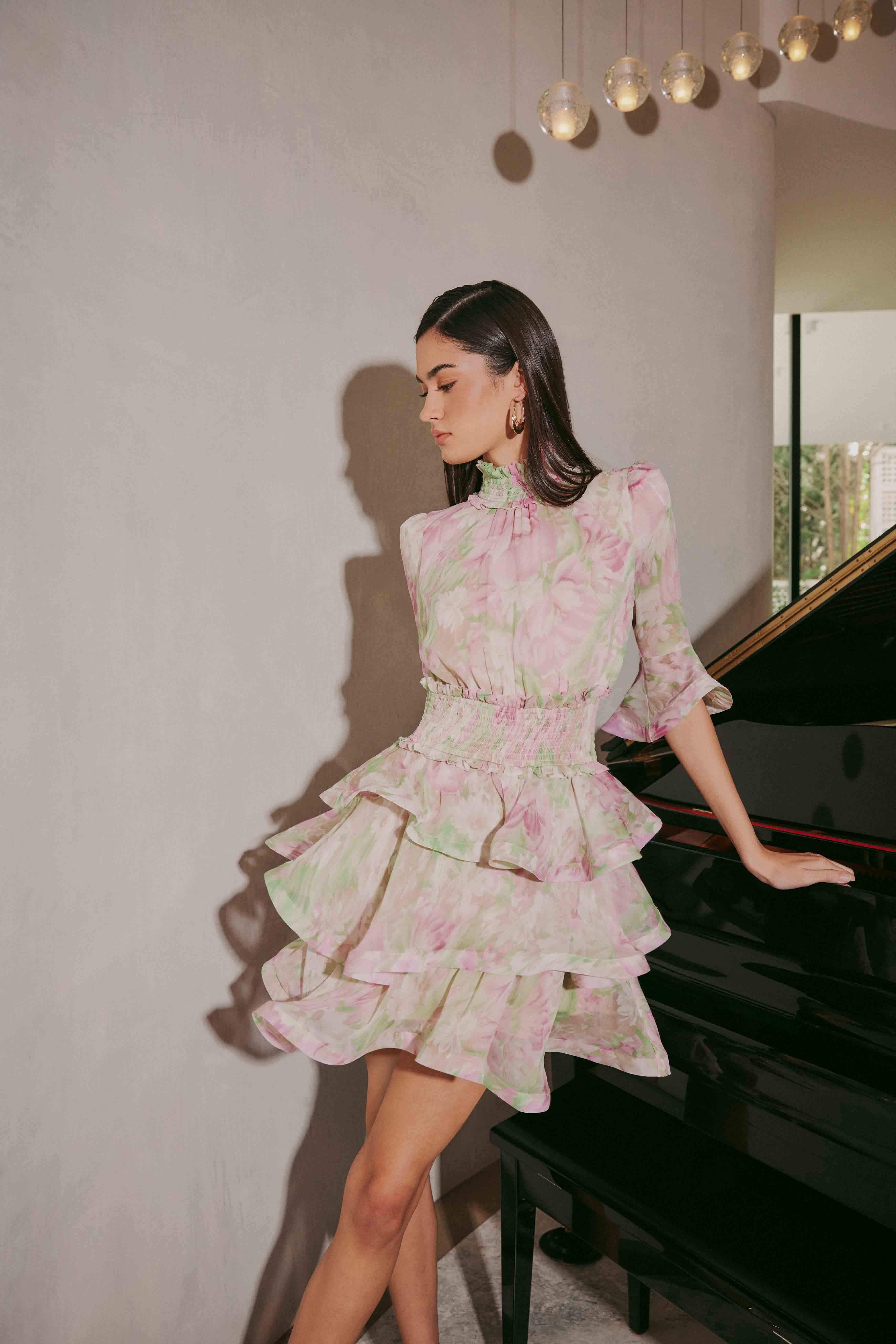 Morgan Floral Tiered Mini Dress in Pink