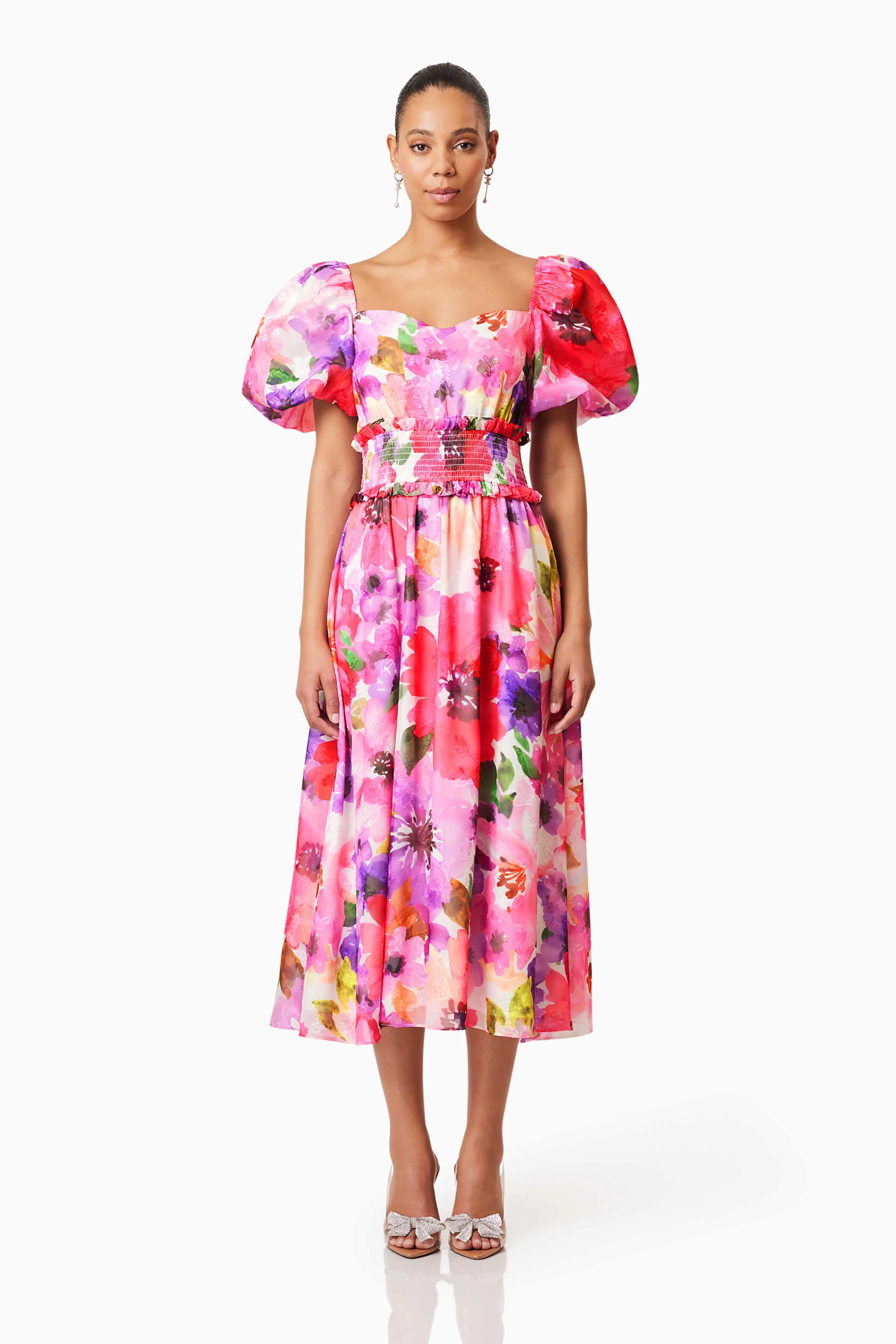Darra Puff Sleeve Midi Dress in Floral