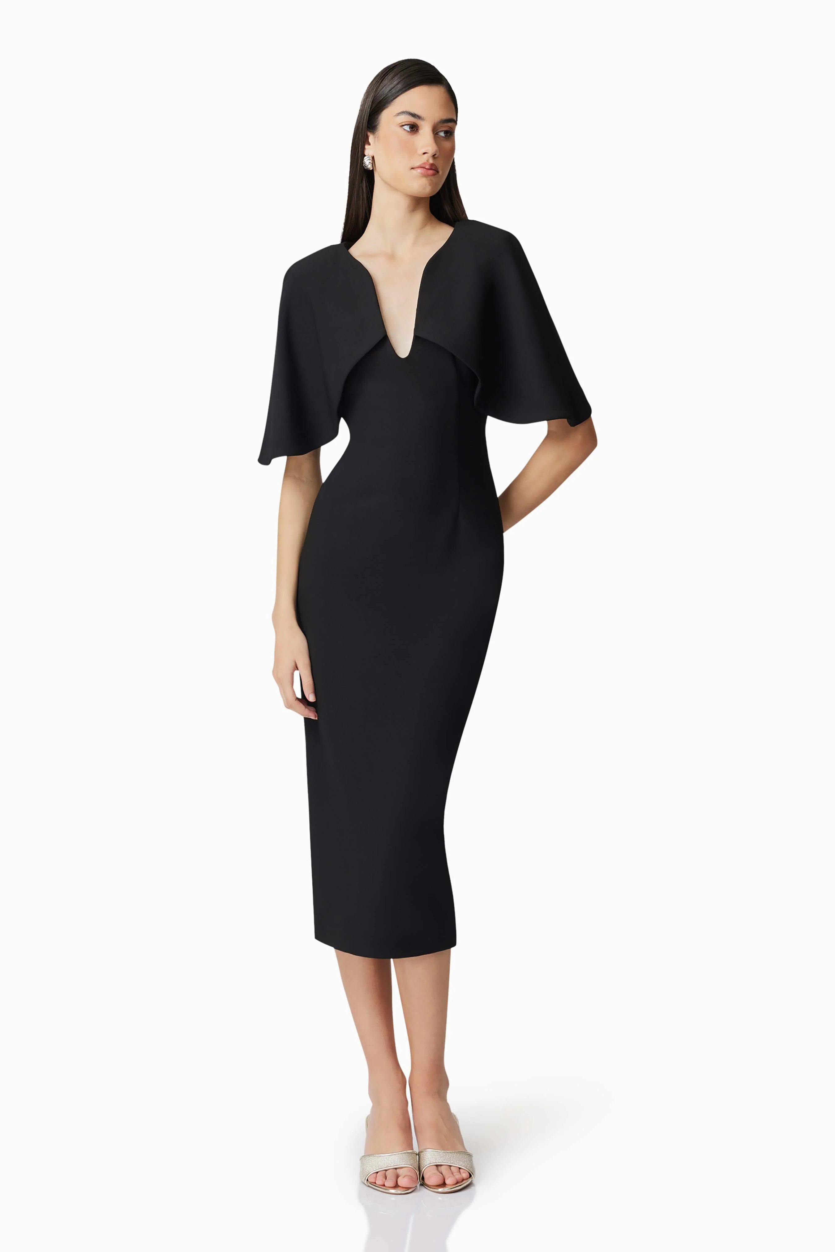 Gia Cape Midi Dress in Black