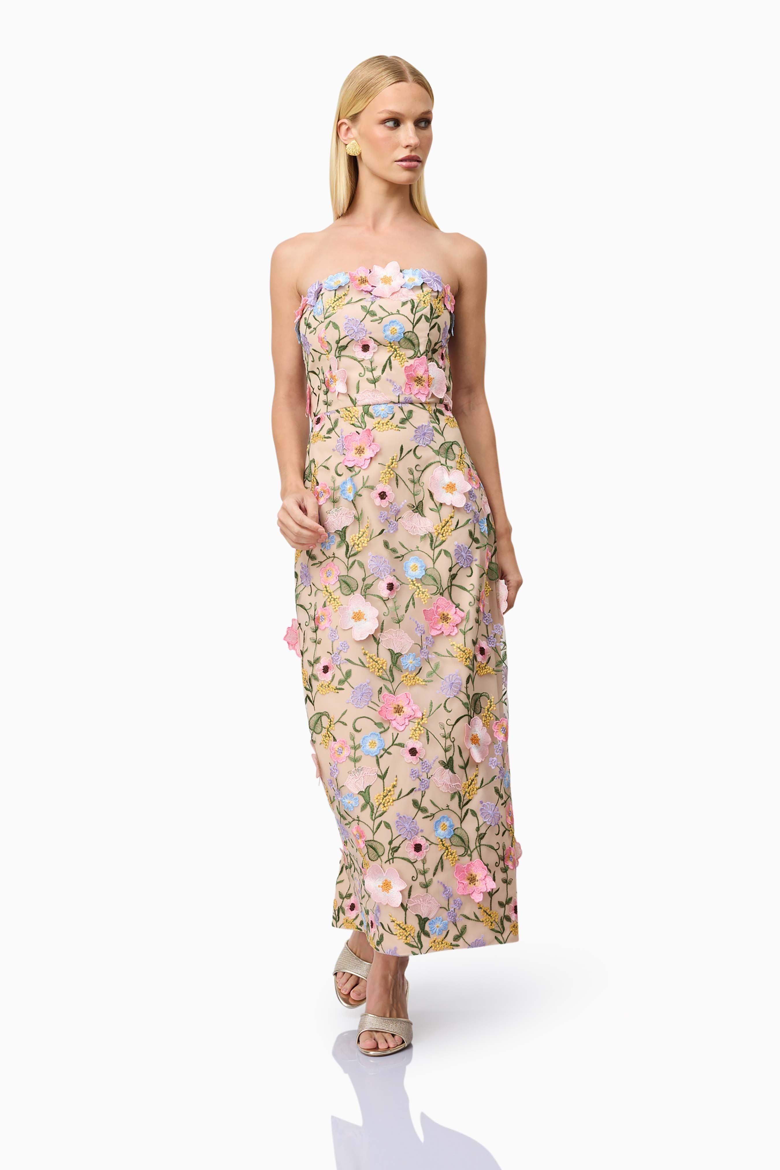 Helena Strapless Midi Dress In Floral