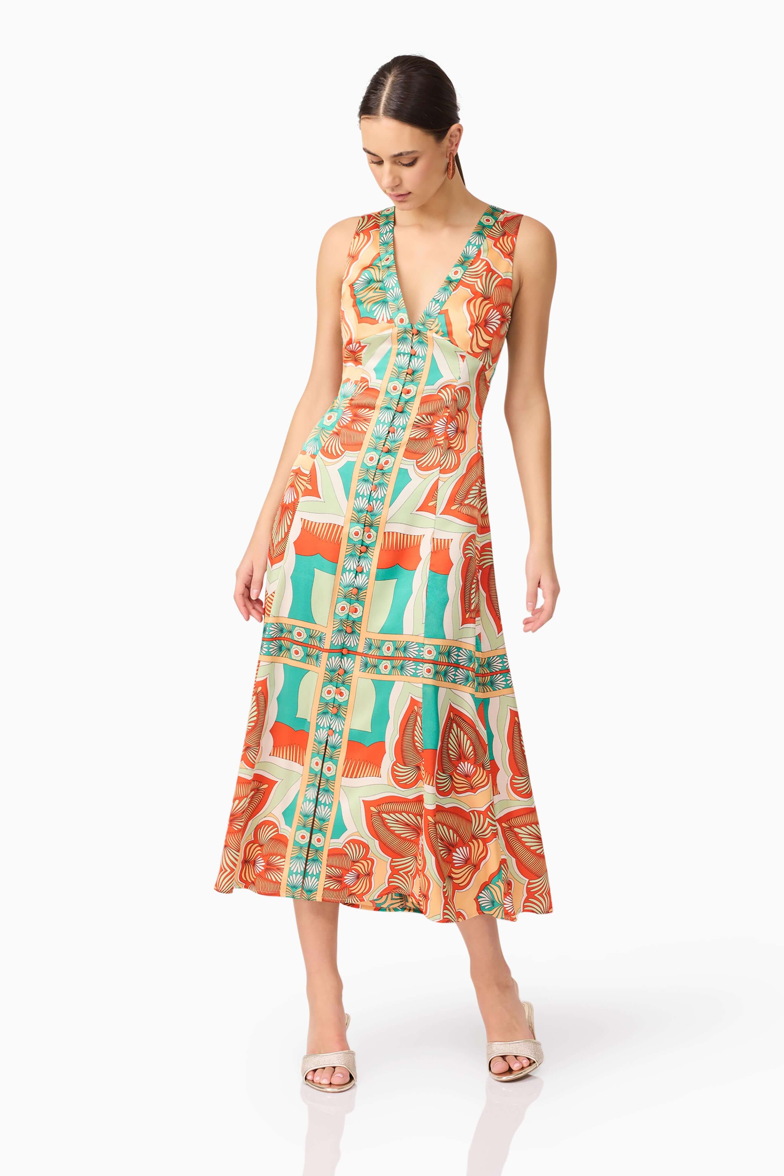 Neomi V Neck Midi Dress in Orange