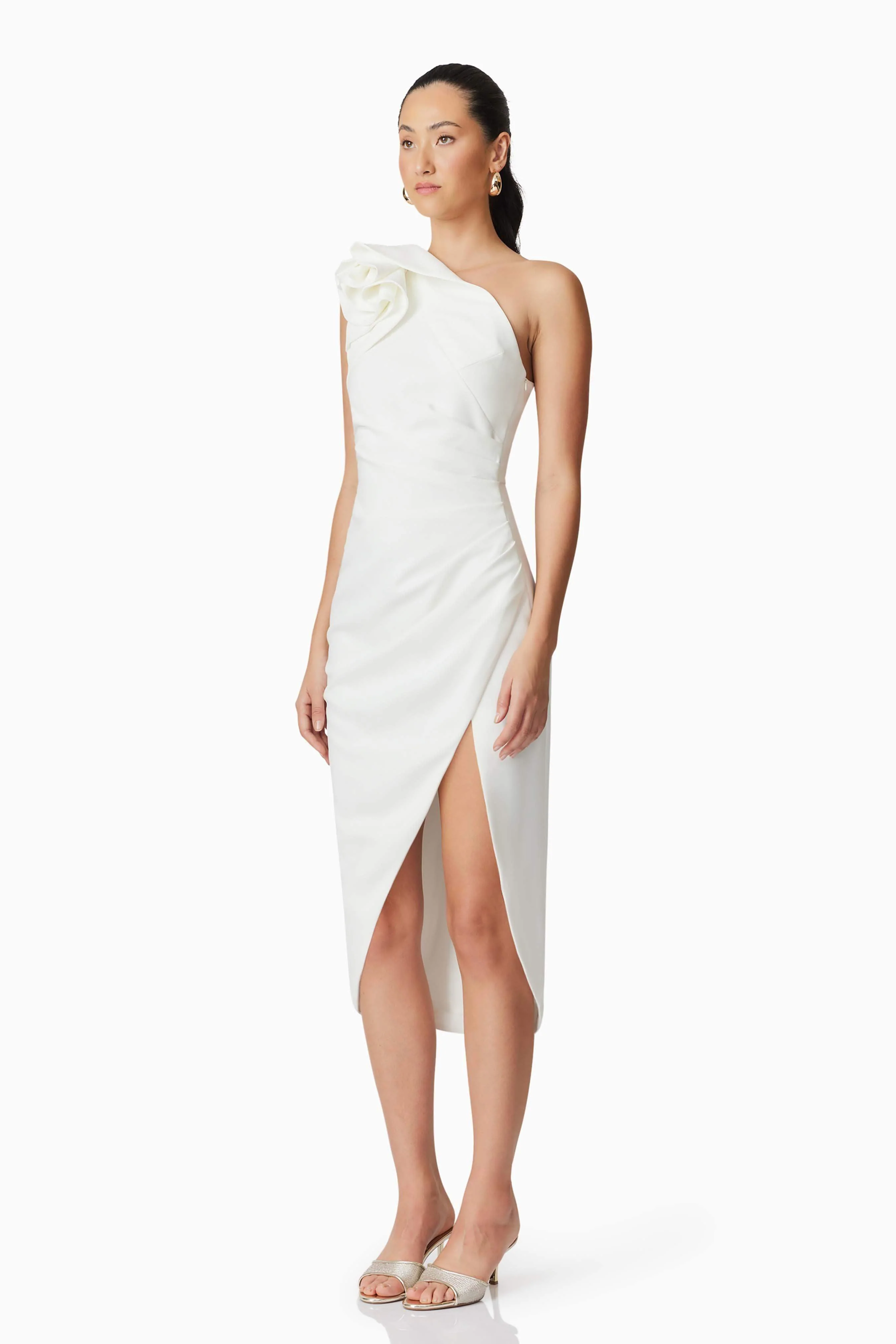 Hazelle One Shoulder Midi Dress in White