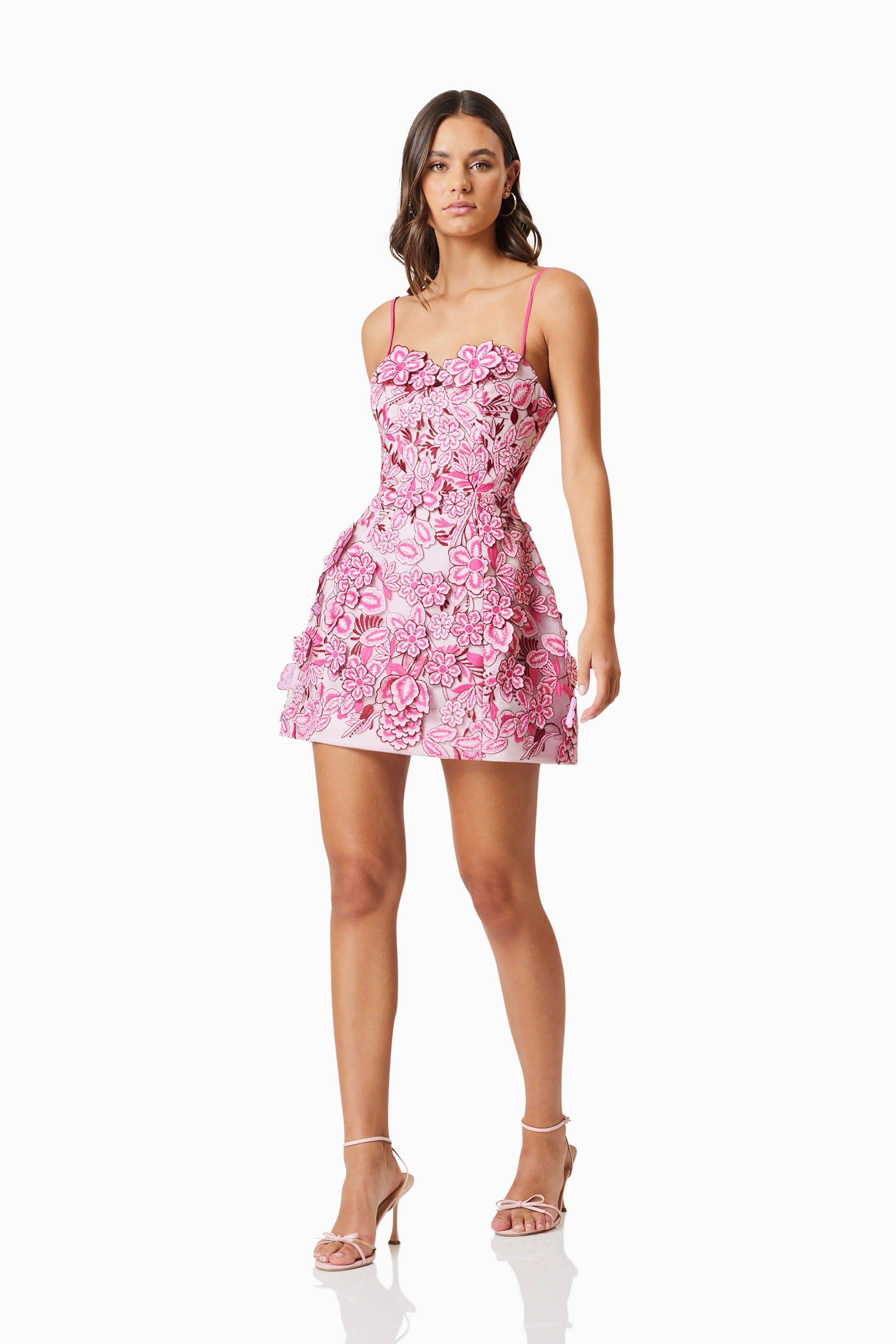 OMR x ELLIATT: Roseate 3D Floral Mini Dress In Pink