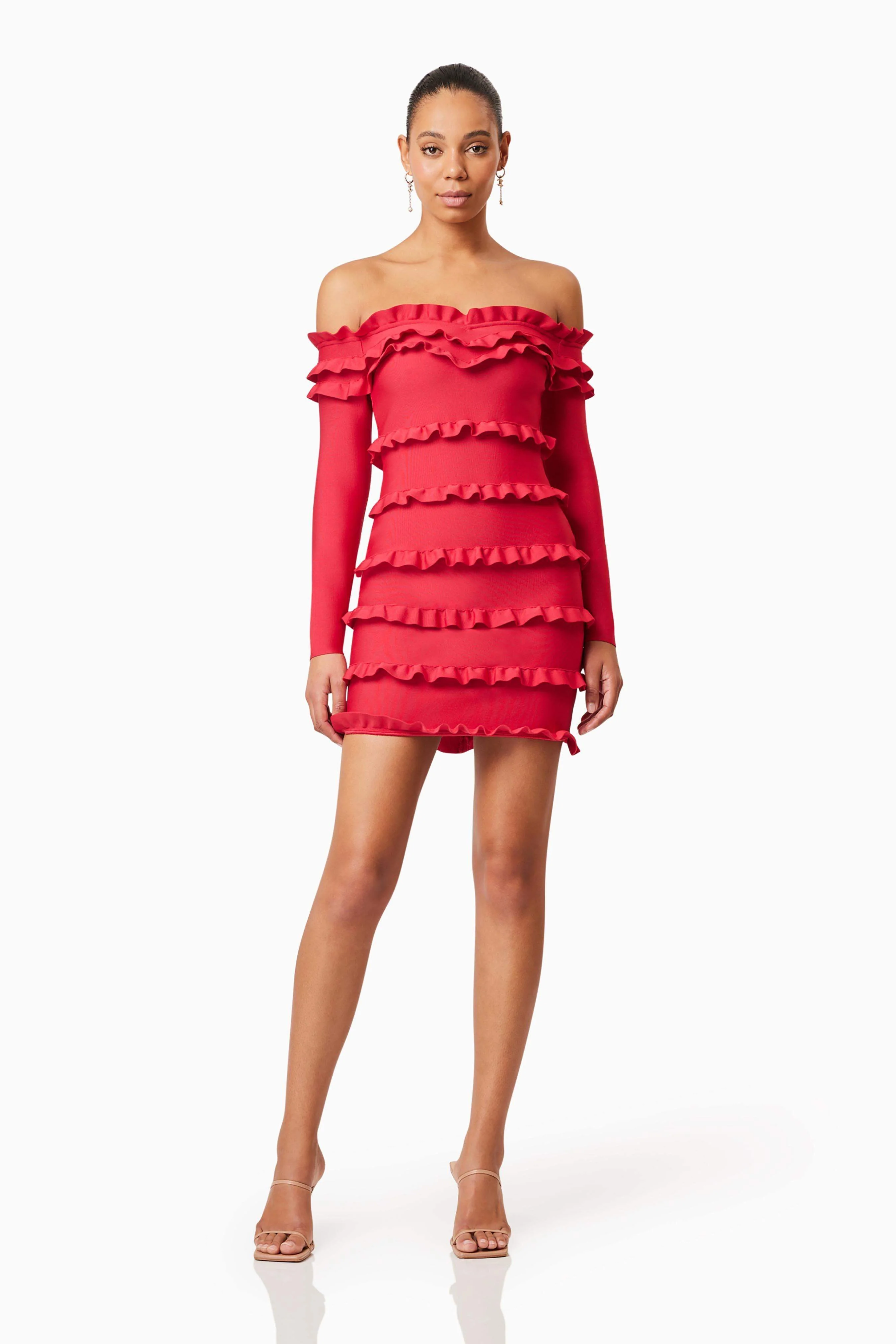 Kimberly Long Sleeve Frill Mini Dress in Red