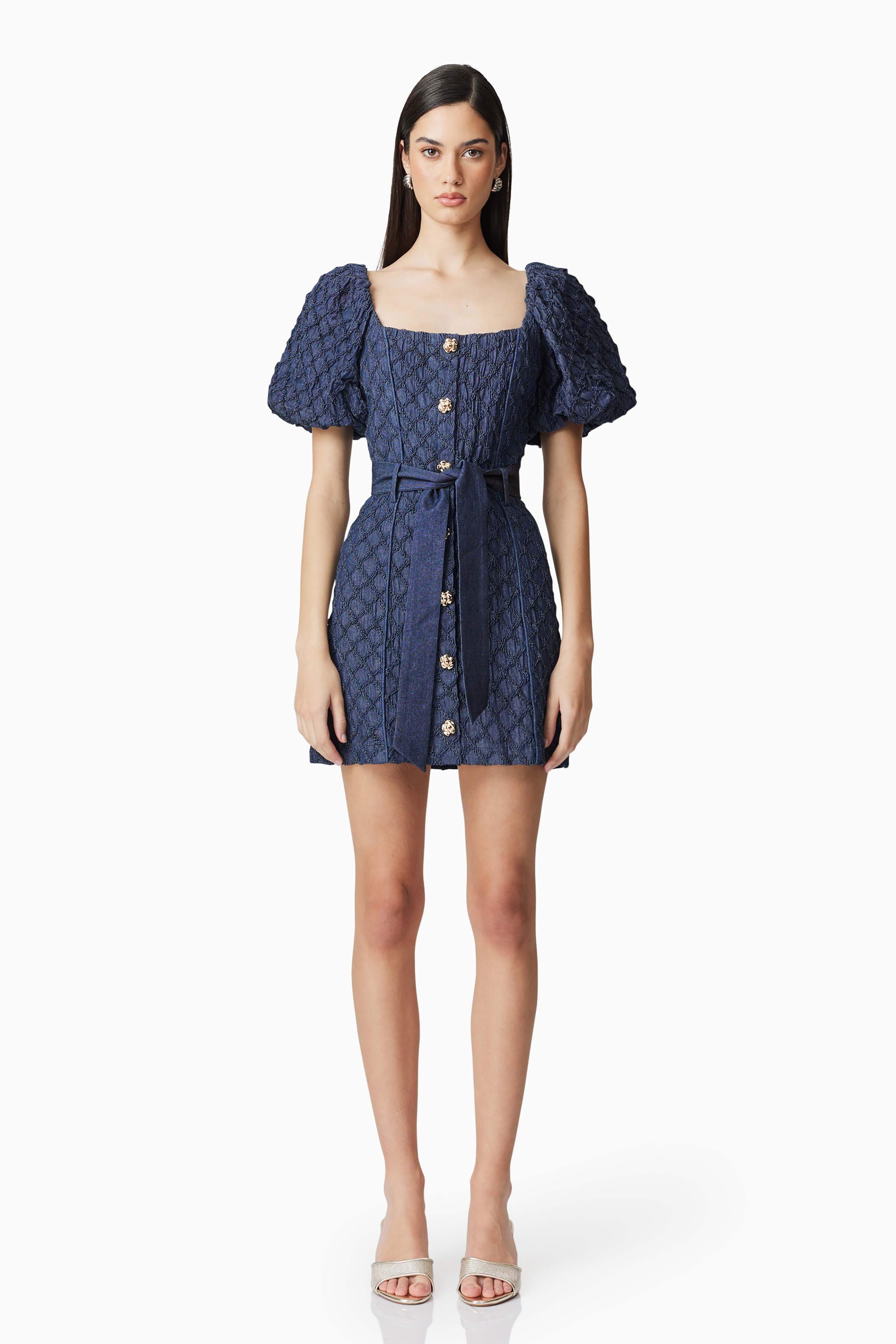 Keeley Puff Sleeve Mini Dress in Blue
