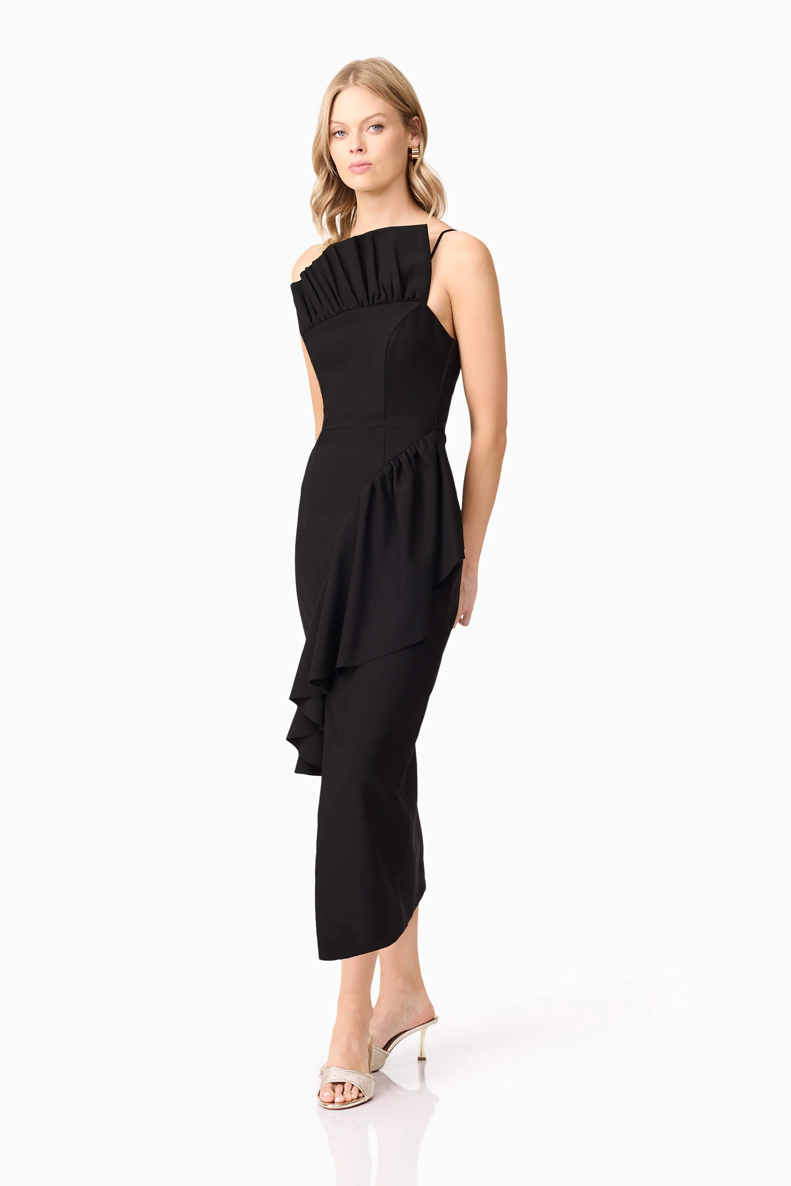 Ava Asymmetrical Midi Dress in Black