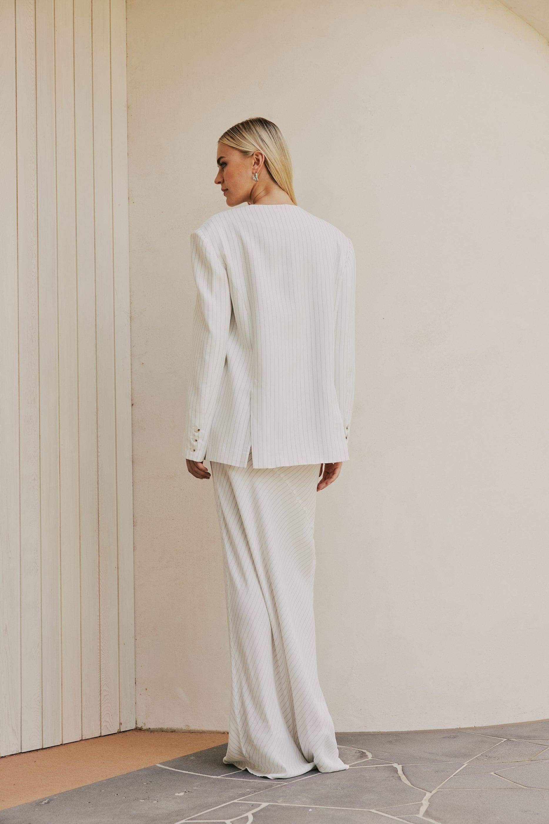 CURAAE Harper Oversized Double Breasted Pinstripe Blazer In White