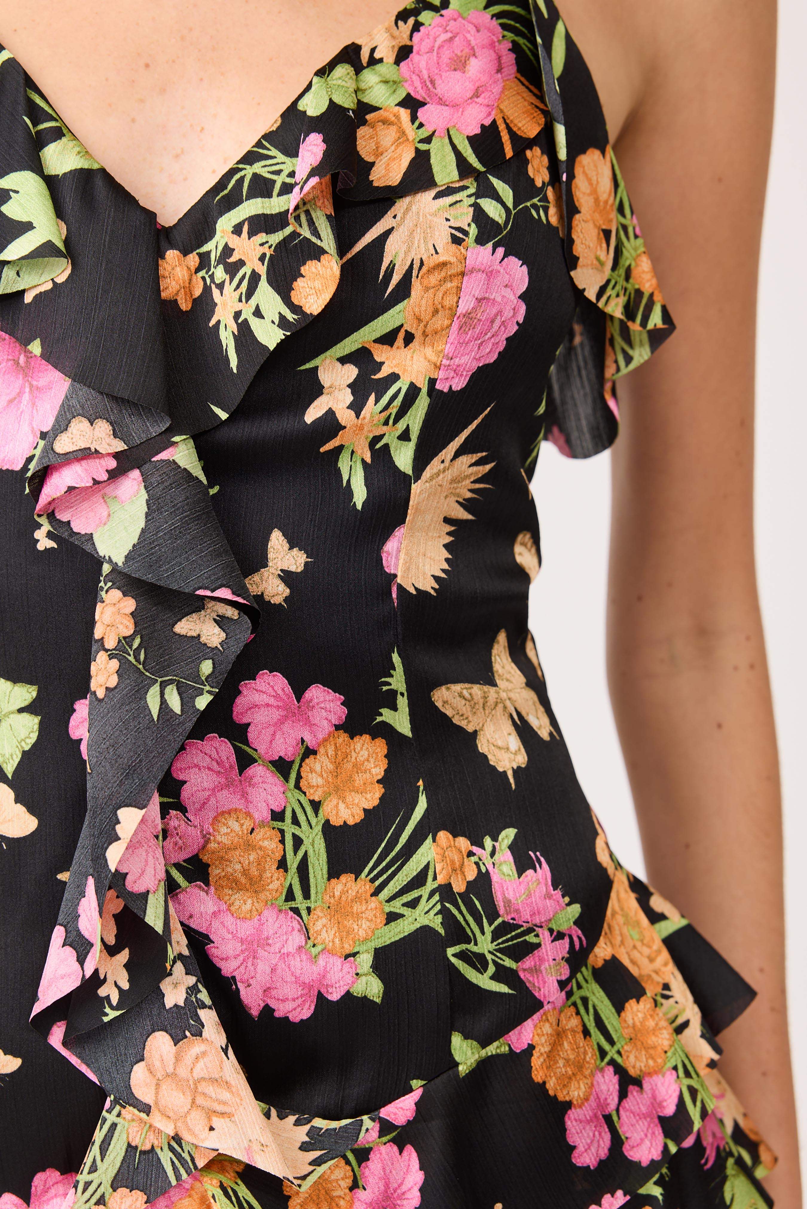 Tess Floral Asymmetrical Maxi Dress in Black