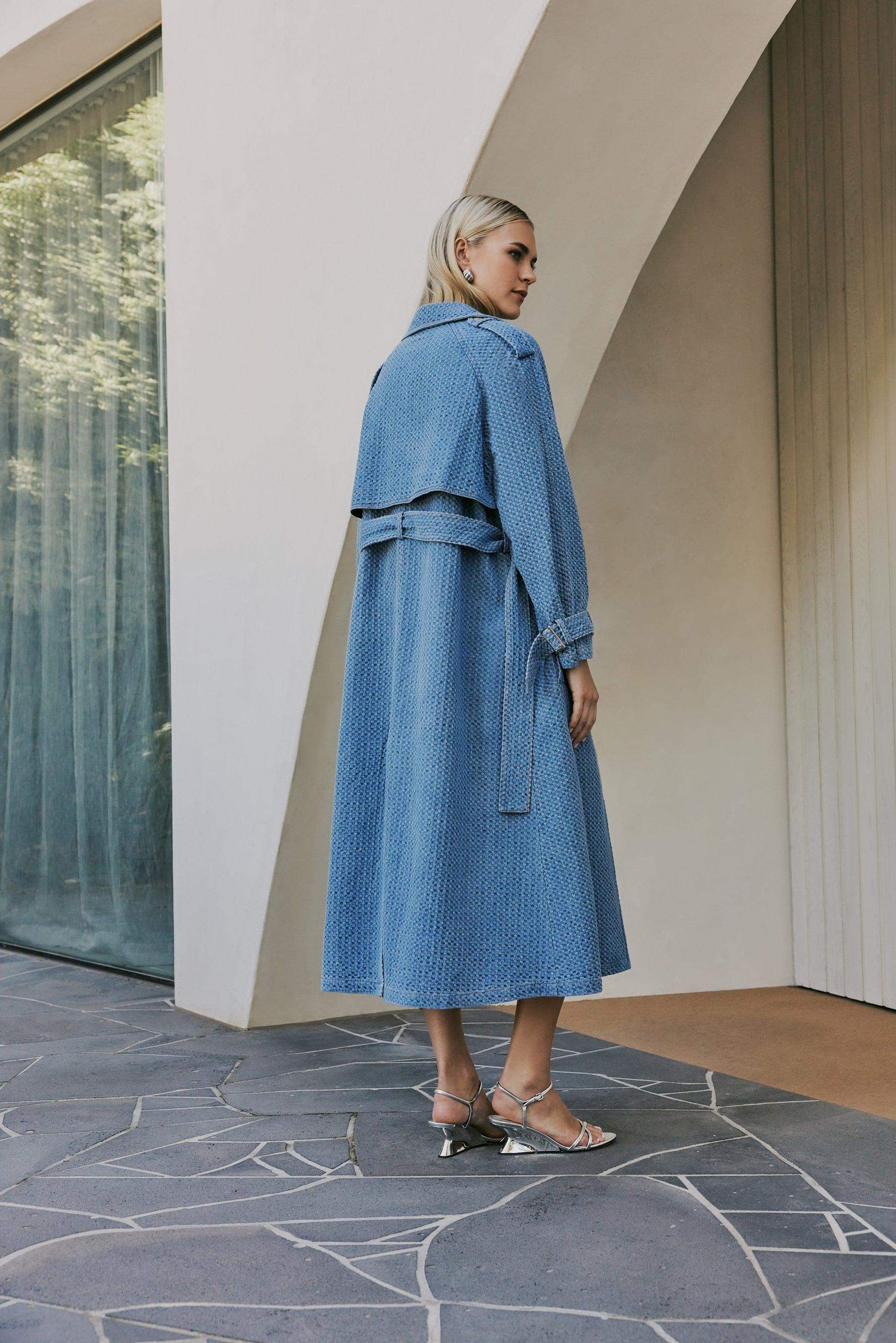 CURAAE Aurora Long Denim Textured Tie Trench