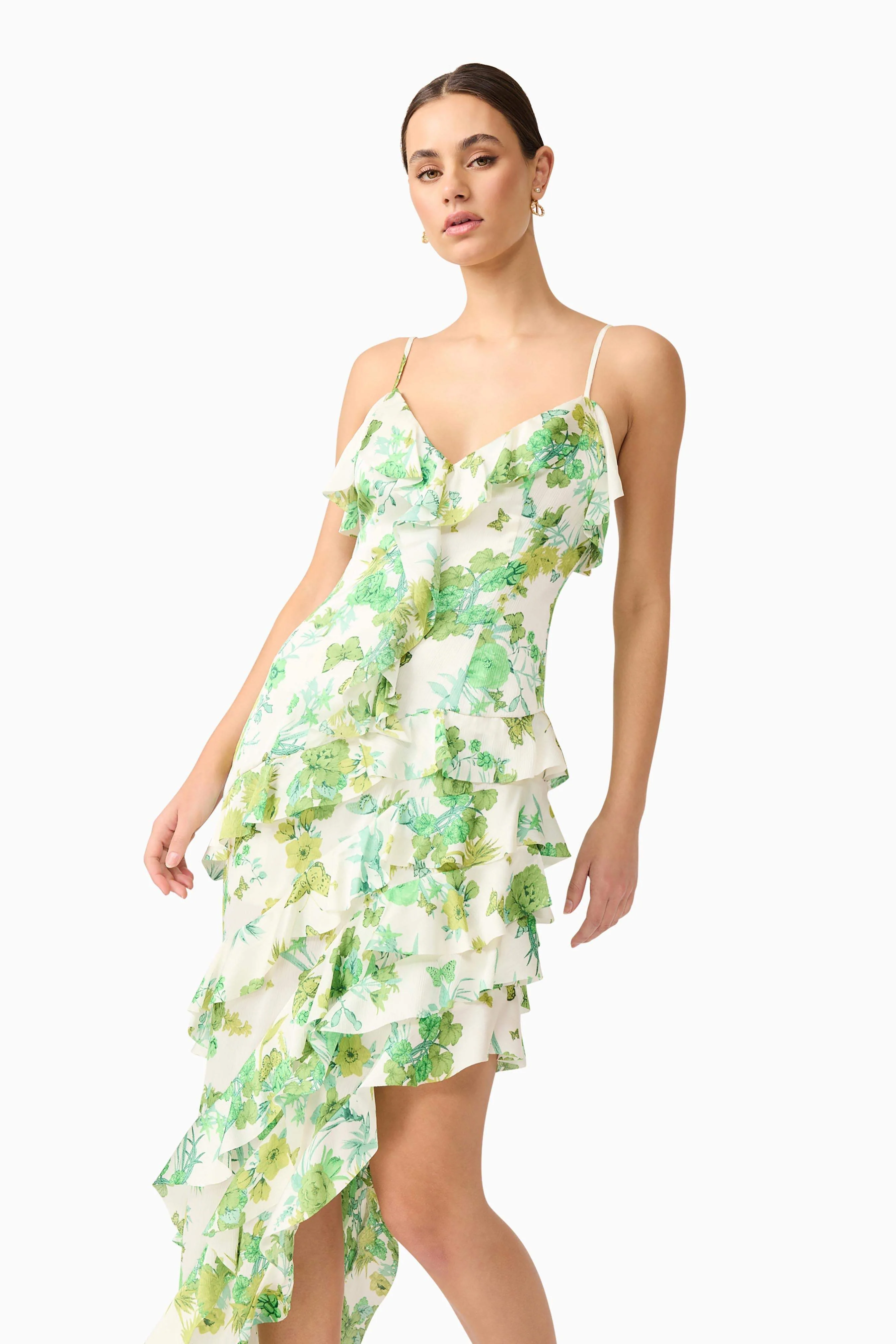 Tess Floral Asymmetrical Maxi Dress in Green