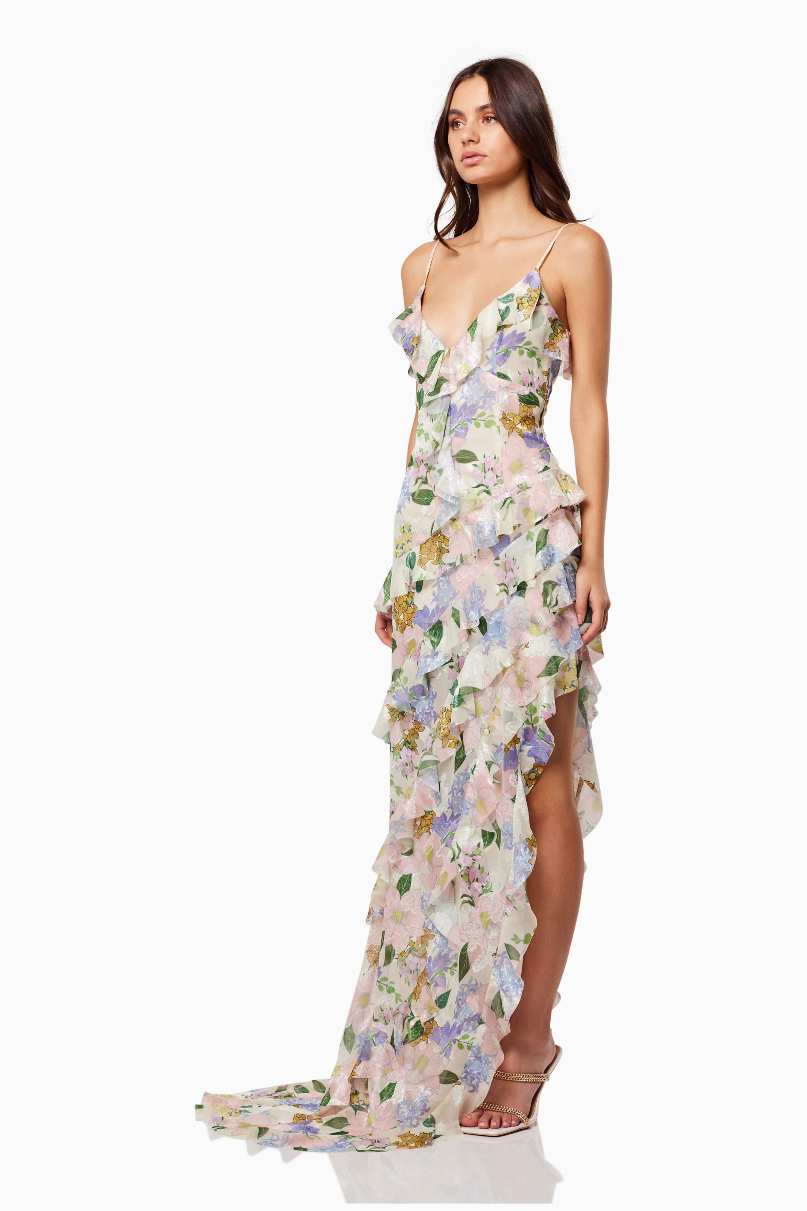 Cosima Asymmetrical Gown In Florals