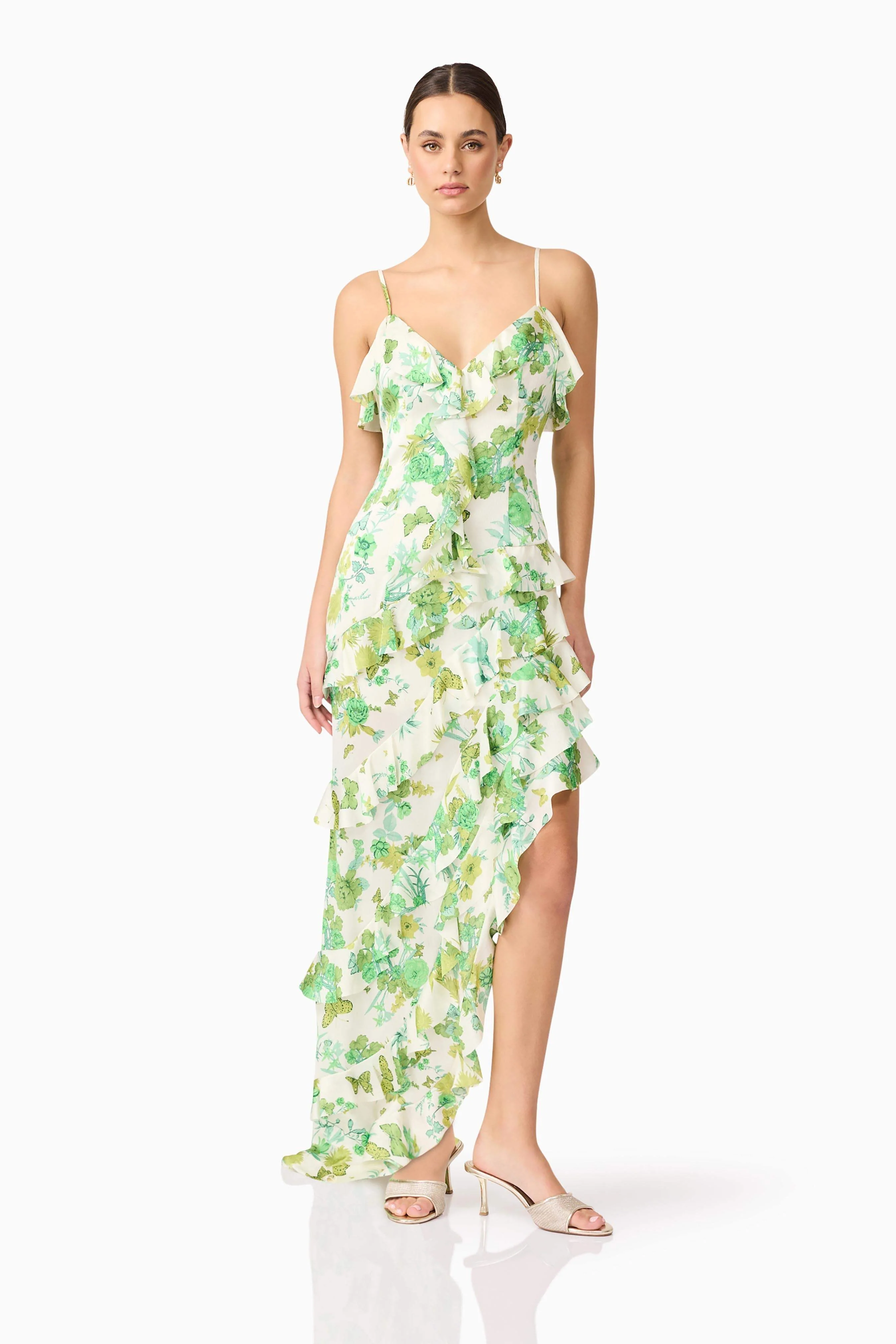 Tess Floral Asymmetrical Maxi Dress in Green