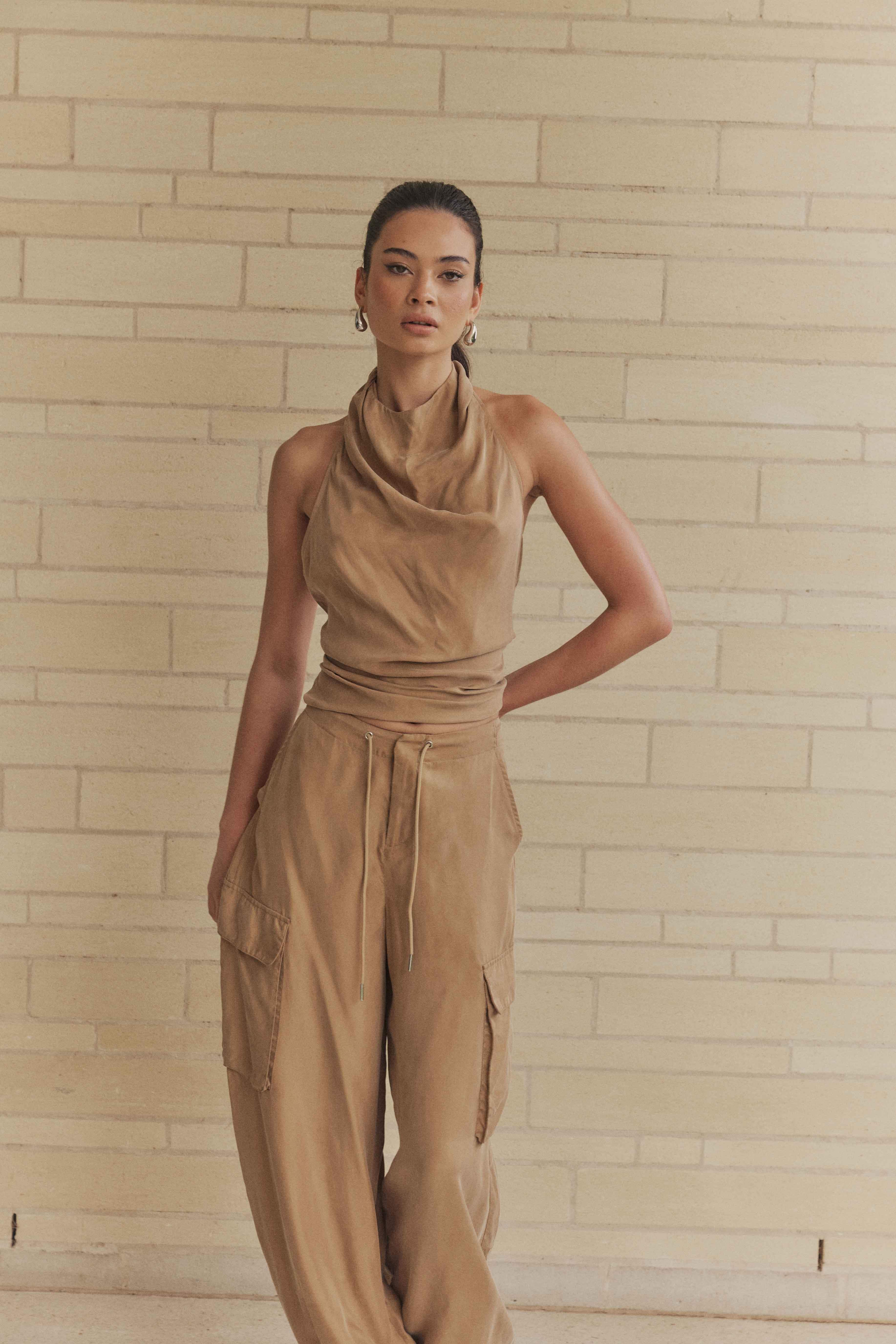 CURAAE Amber Tie Back Halter Cowl Neck Top in Beige