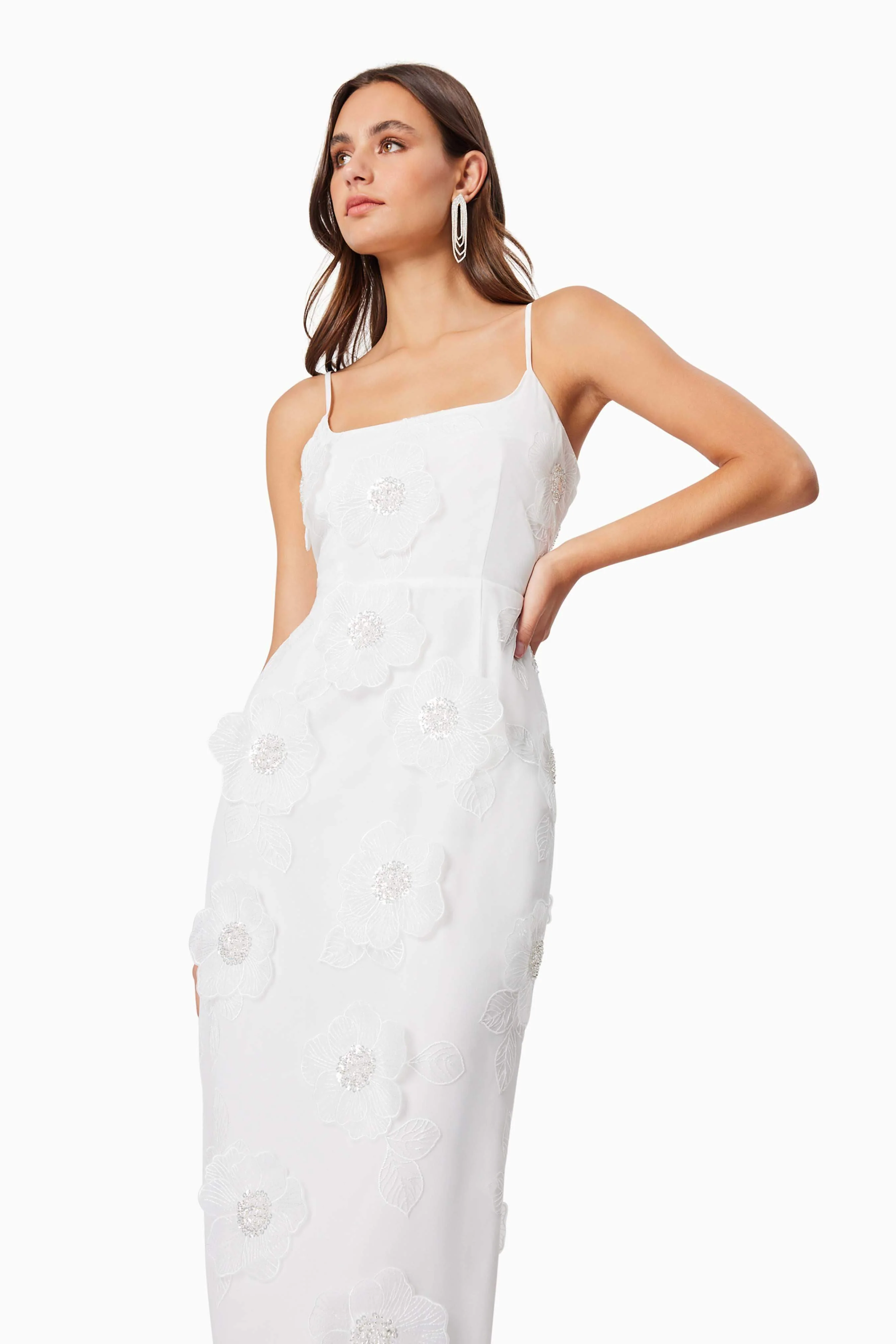 Dahlia 3D Floral Midi Dress In White