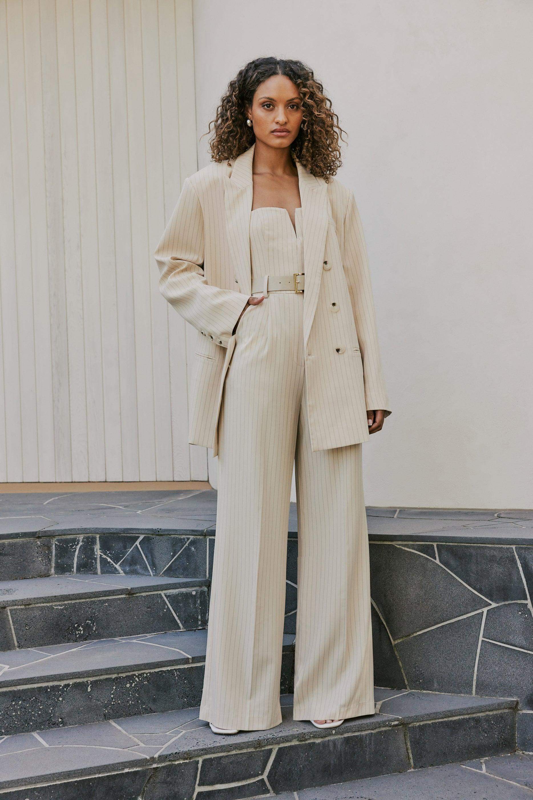 CURAAE Lyric Oversized Pinstripe Blazer In Beige