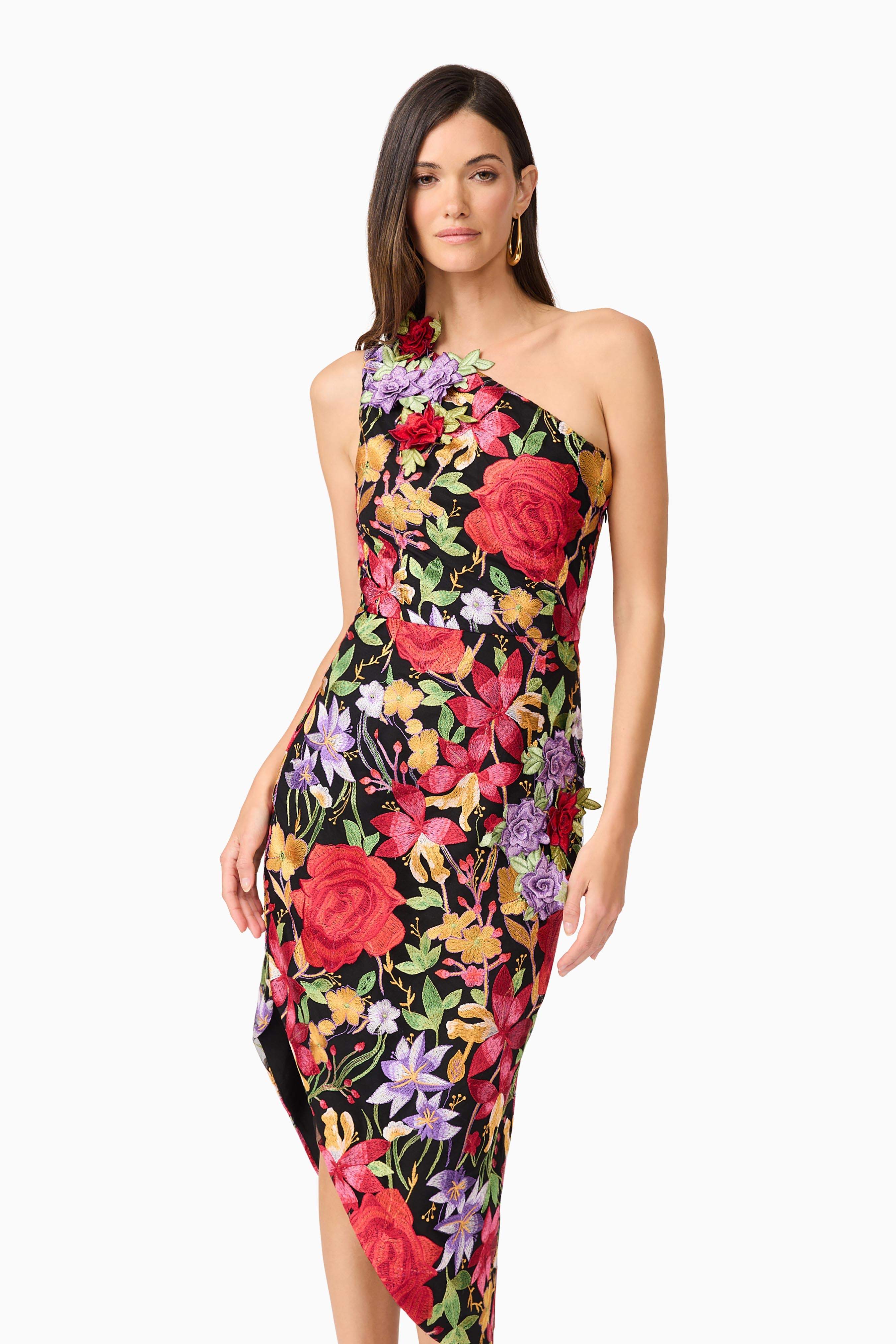 Talia Asymmetrical Midi Dress in Black Floral