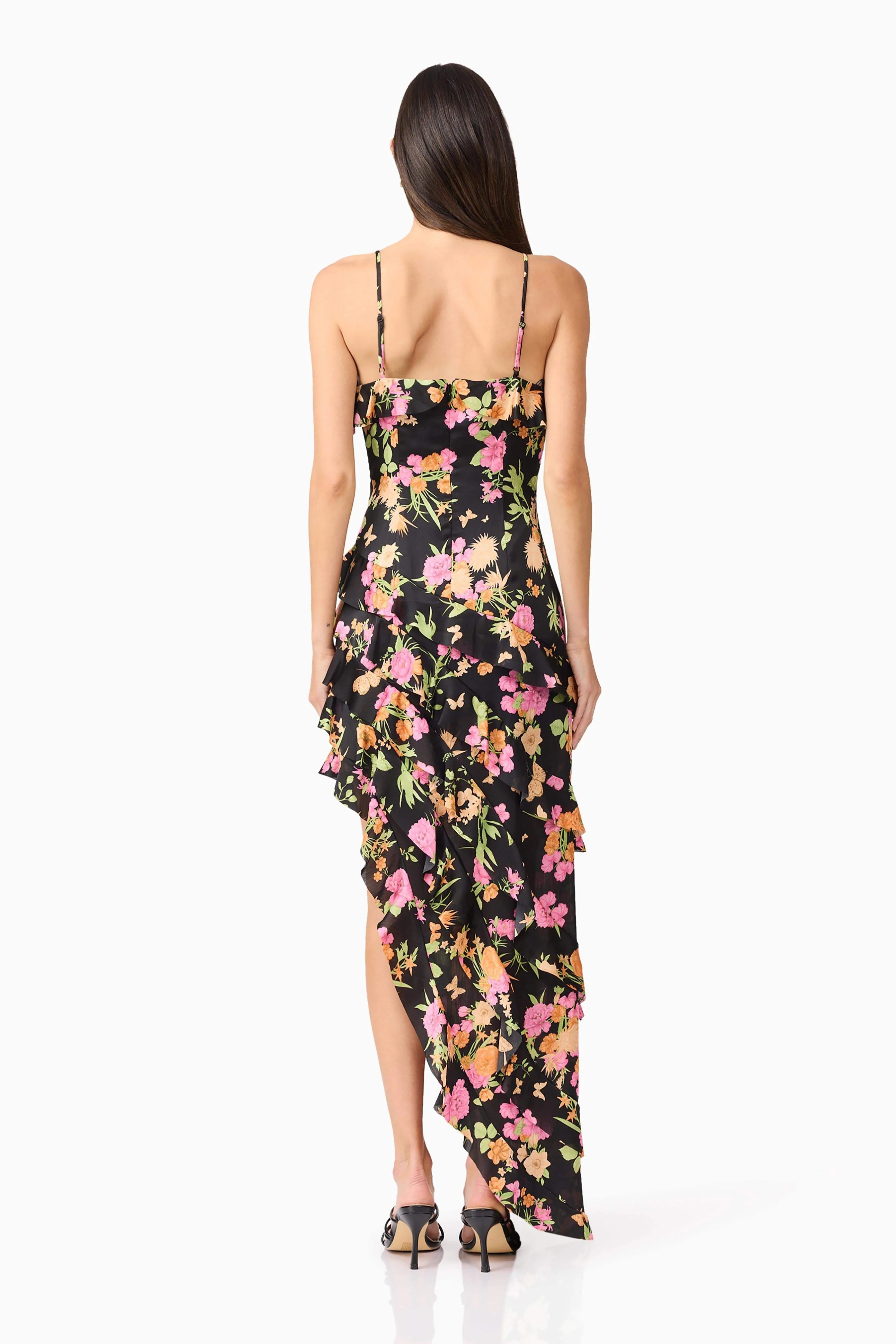 Tess Floral Asymmetrical Maxi Dress in Black