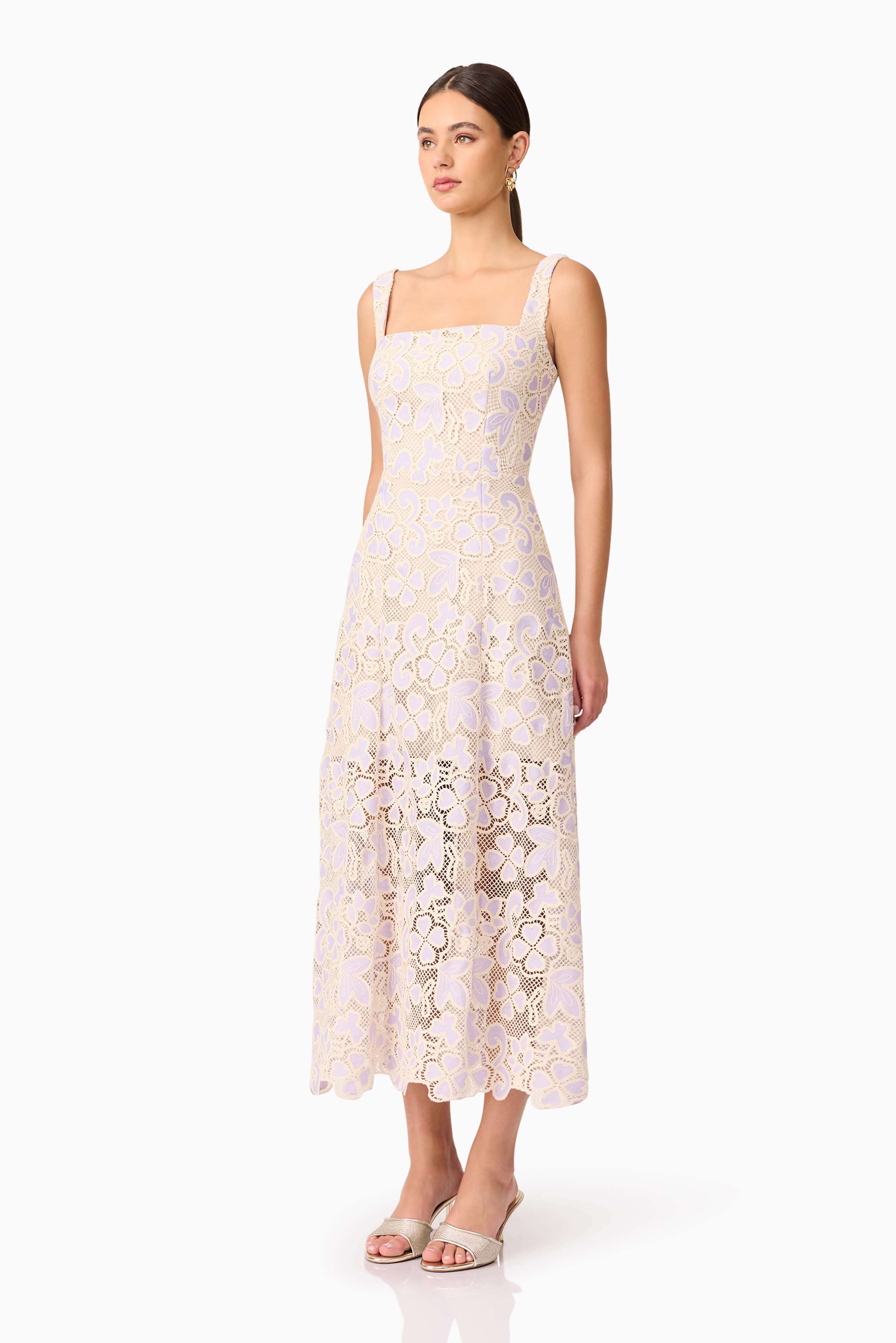 Jasmine A-Line Midi Dress in Purple & Beige