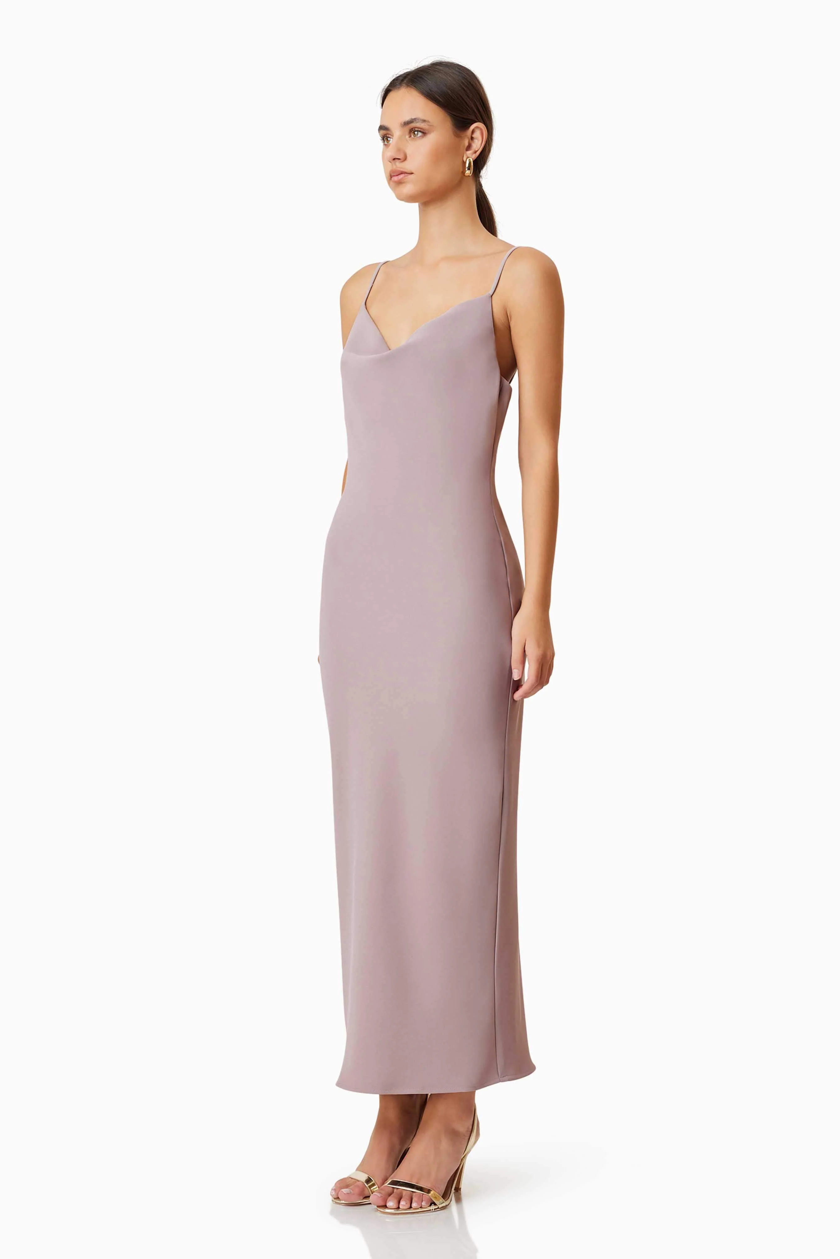 Kenna Cowl Neck Midi Dress In Beige