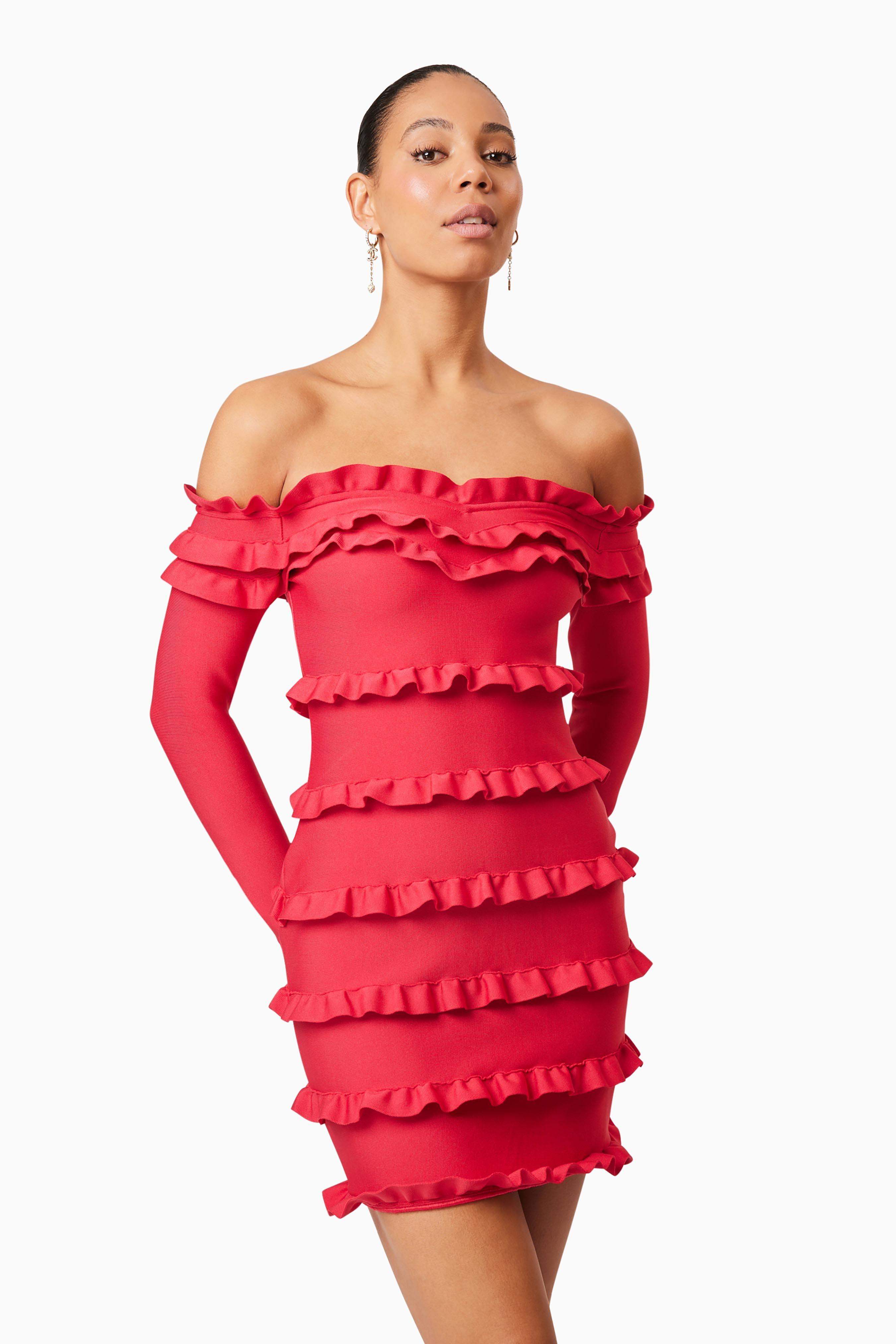 Kimberly Long Sleeve Frill Mini Dress in Red