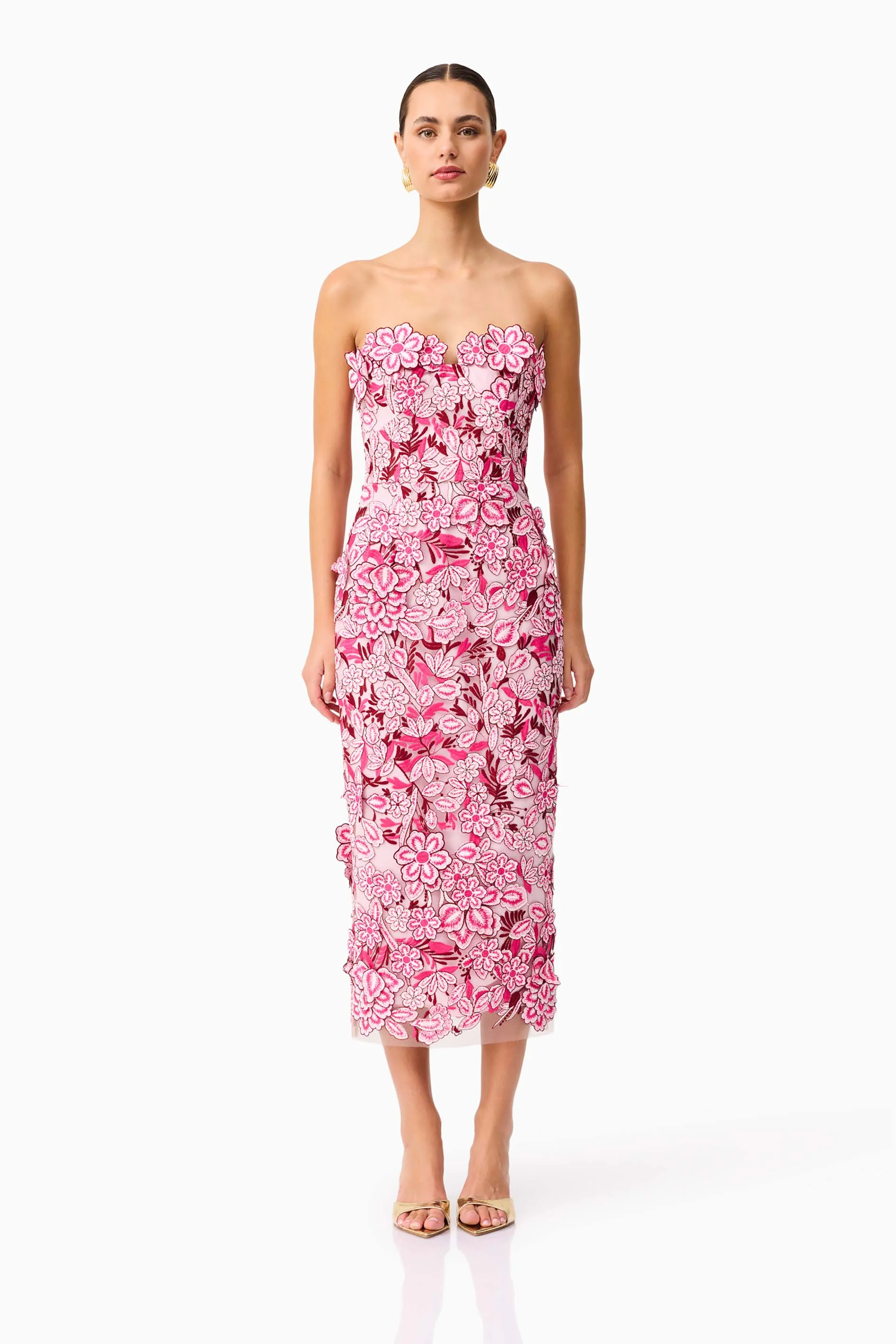 Roseate Strapless Midi Dress in Pink