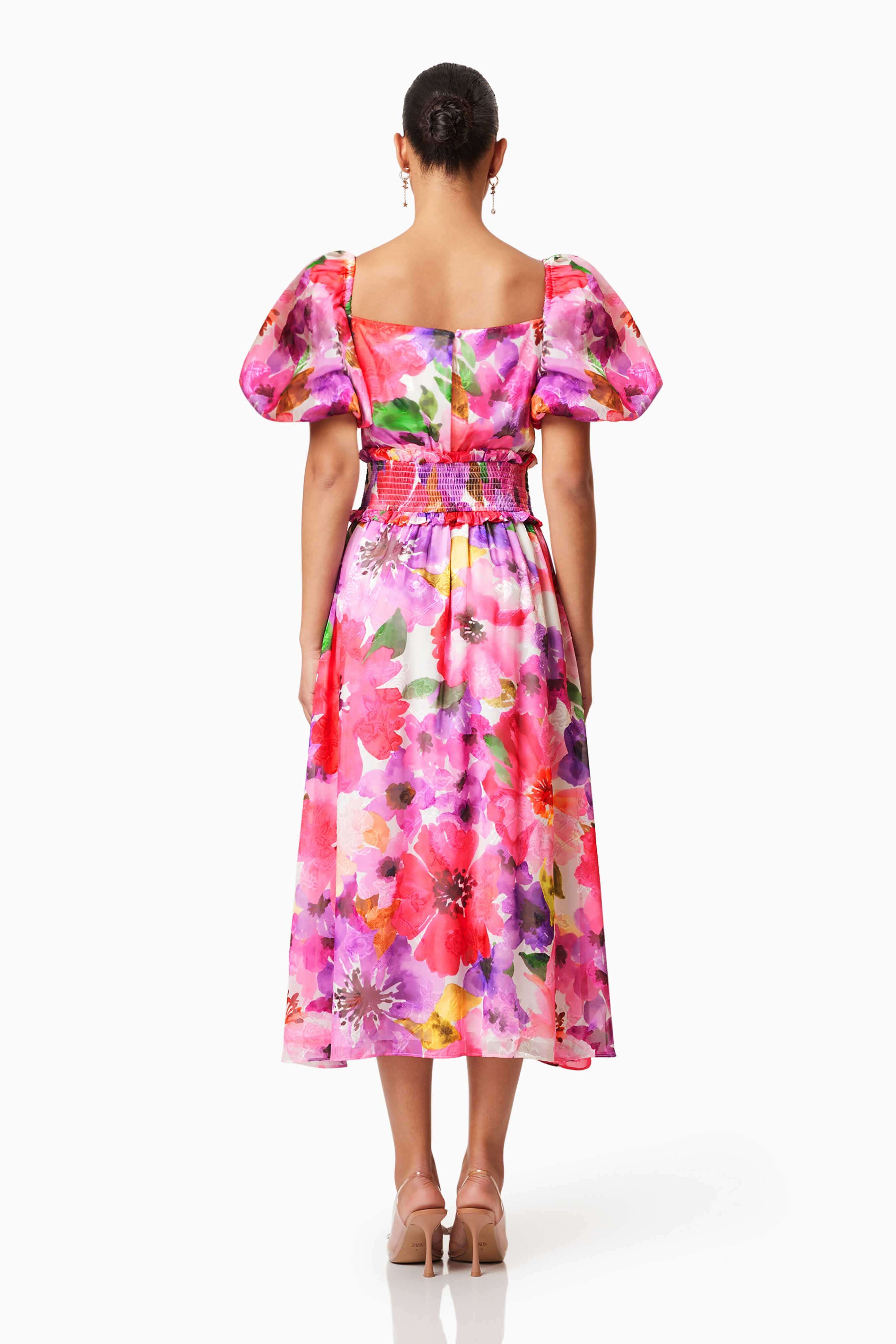 Darra Puff Sleeve Midi Dress in Floral