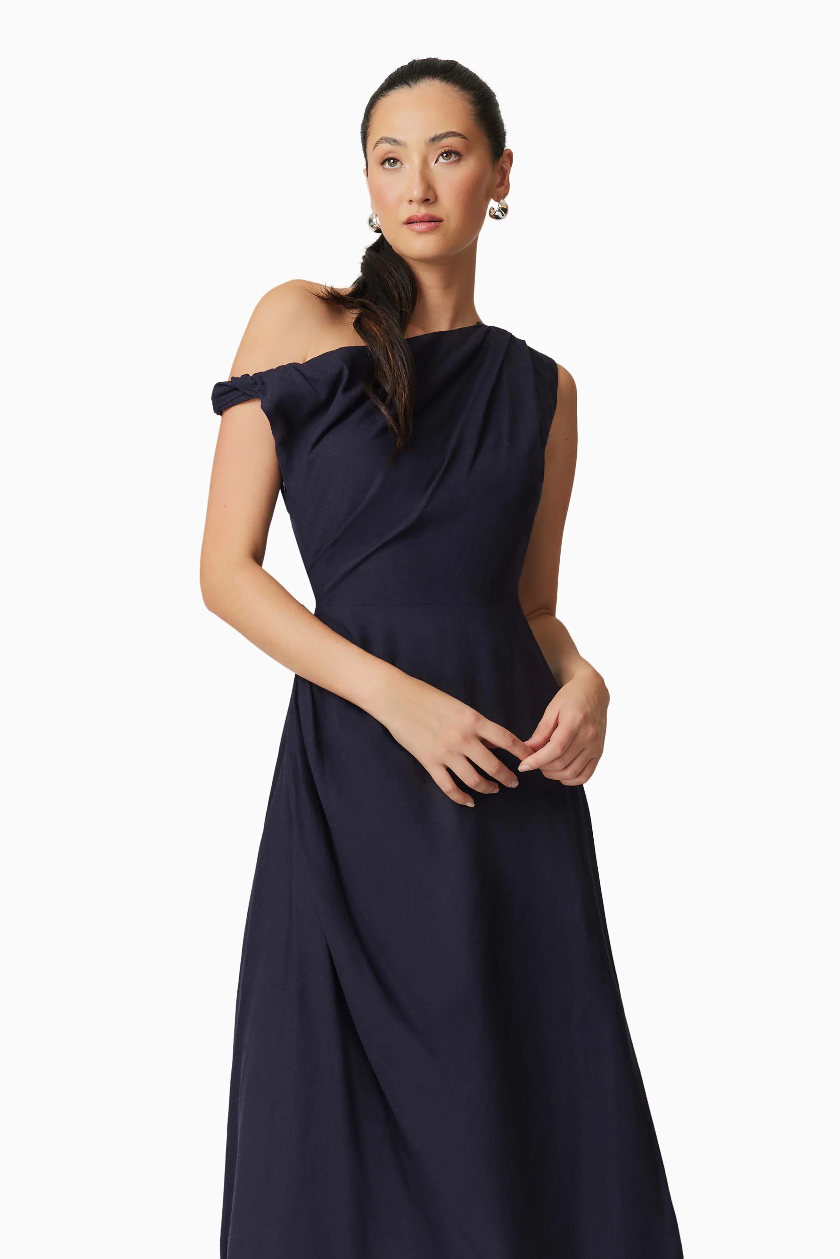 Kara Asymmetrical Midi Dress in Blue
