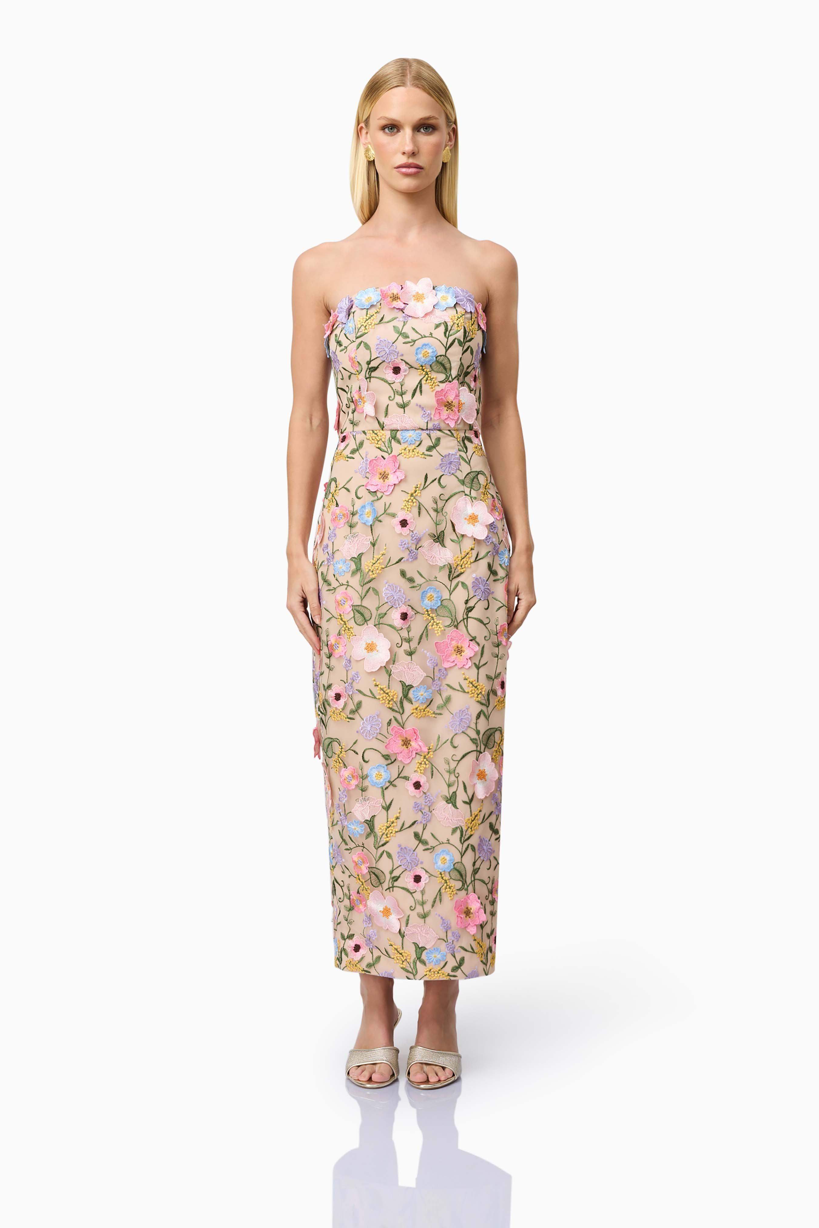 Helena Strapless Midi Dress In Floral