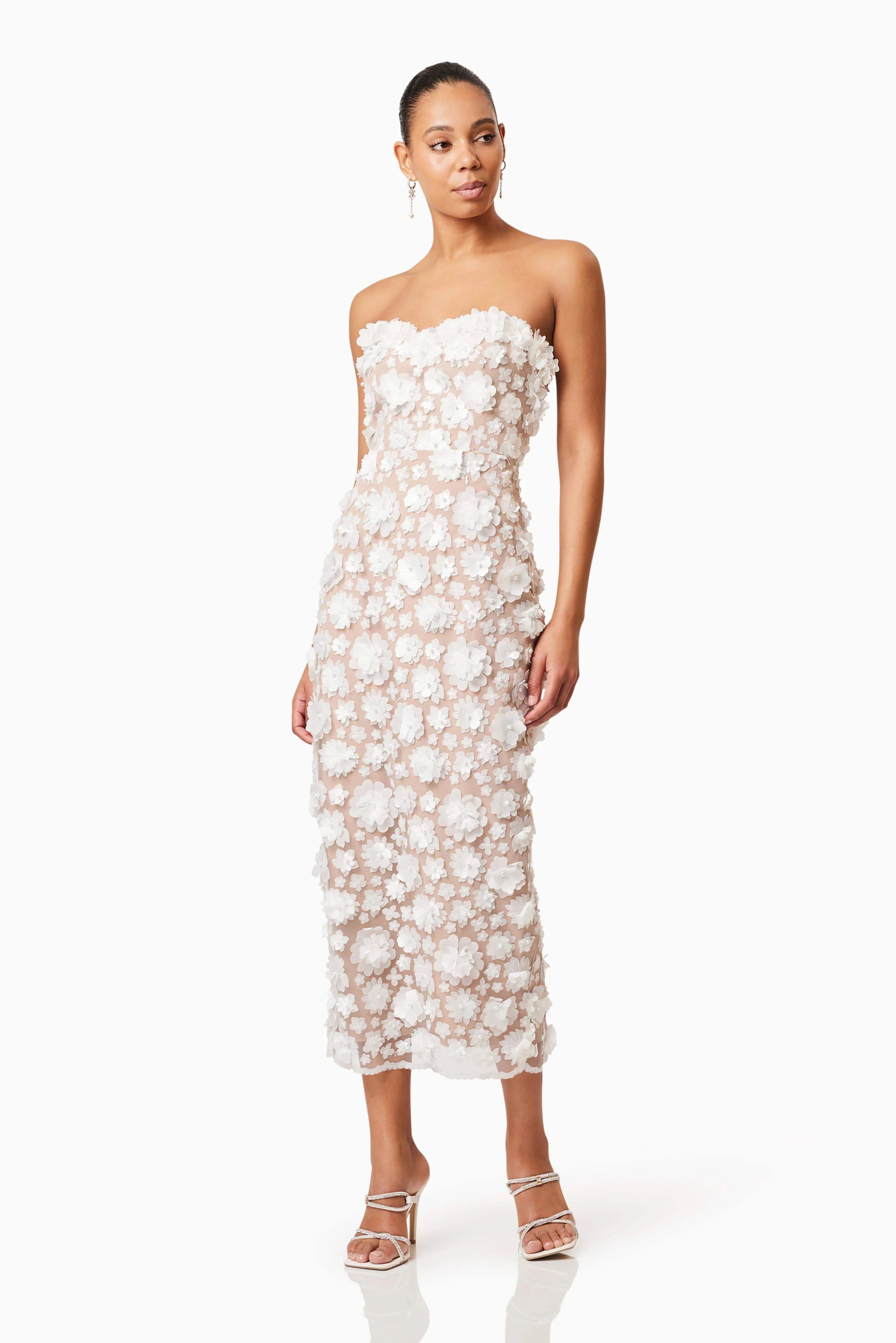 Bluebell Strapless 3D Midi Dress in White