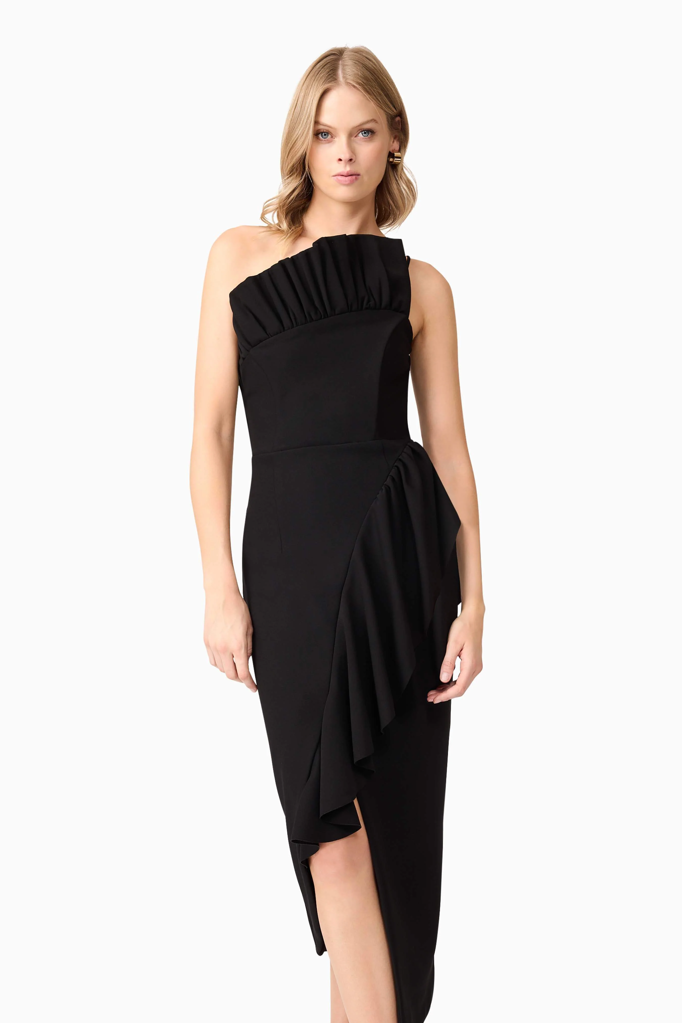 Ava Asymmetrical Midi Dress in Black