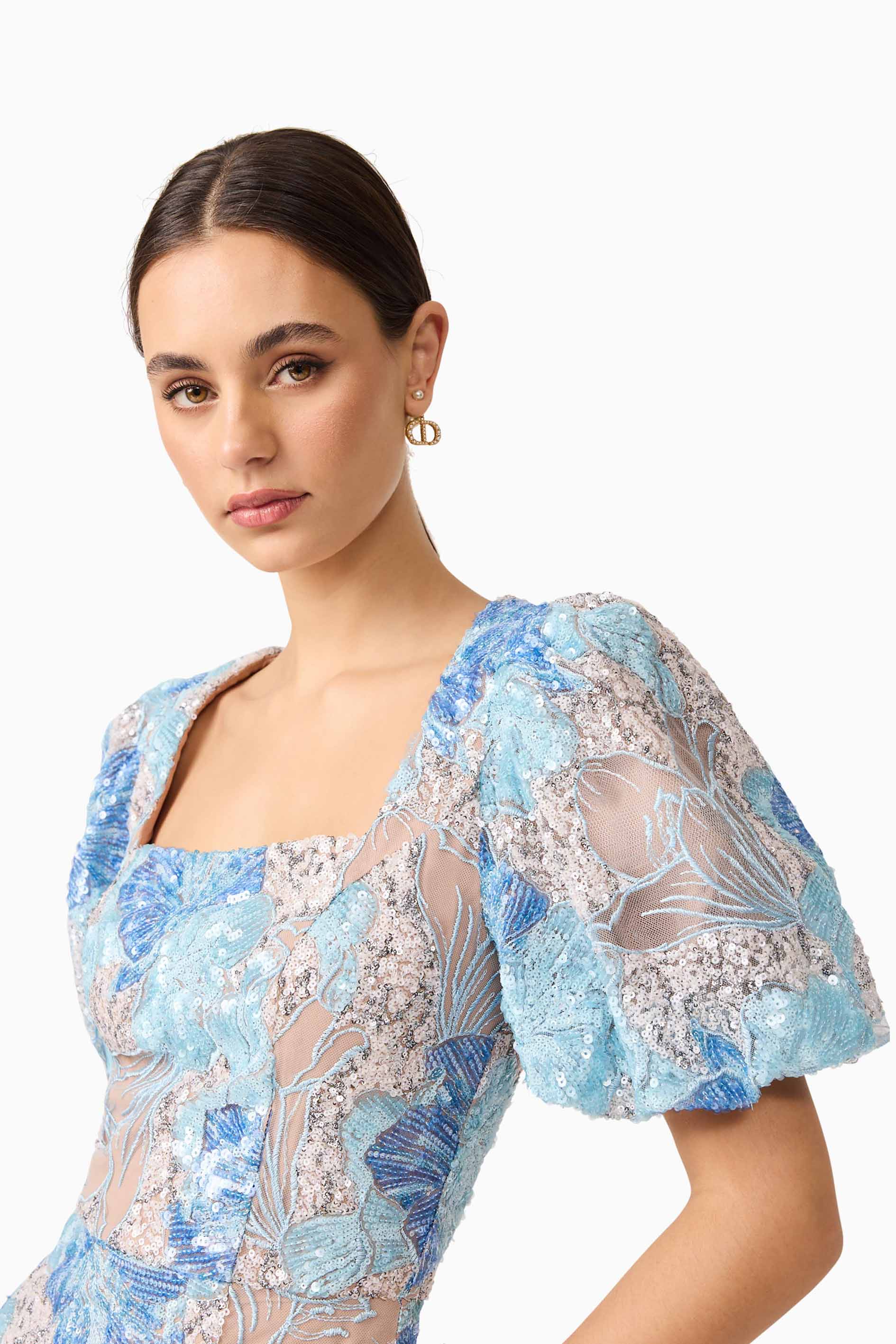 Leoni Puff Sleeve Mini Dres in Blue