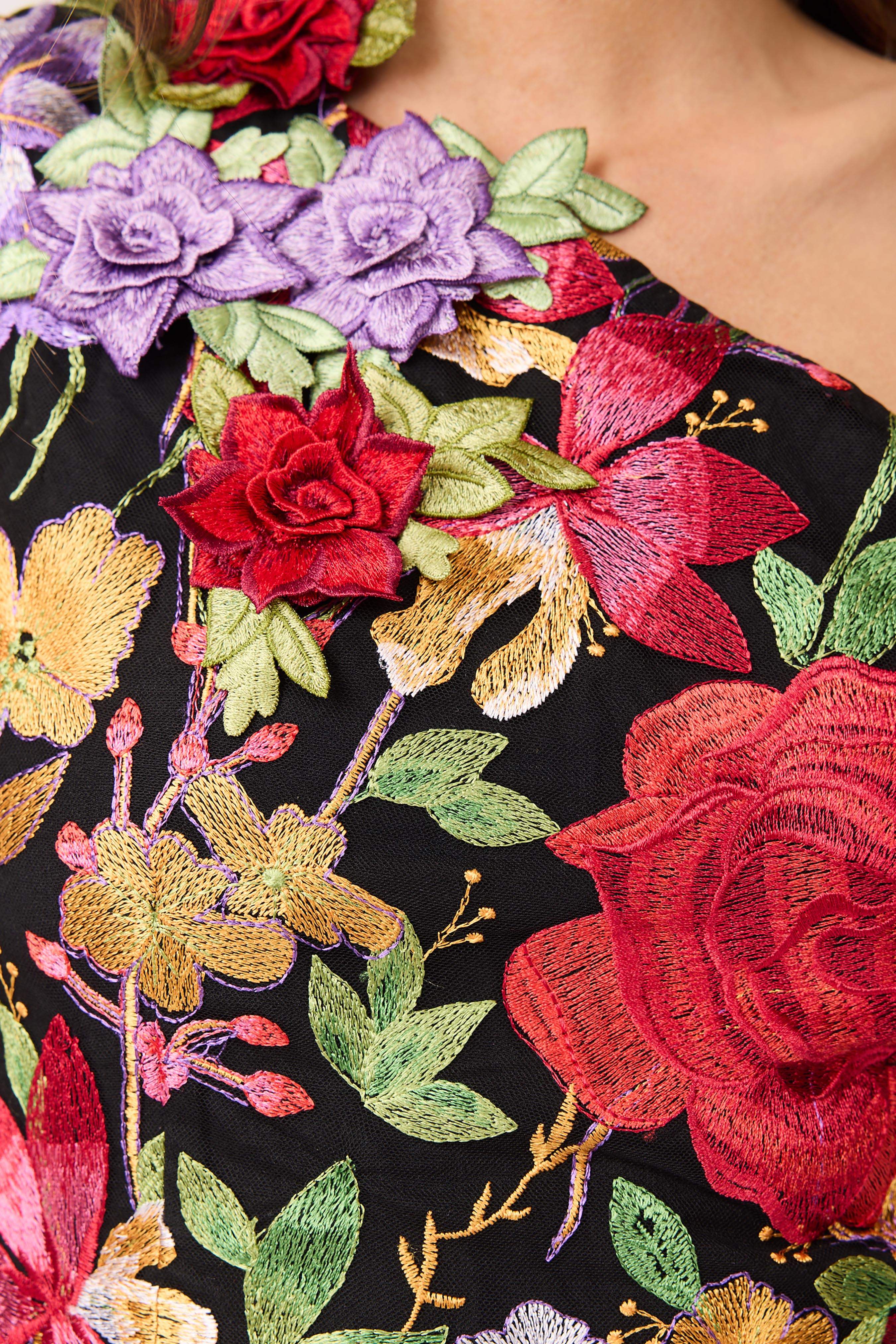 Talia Asymmetrical Midi Dress in Black Floral