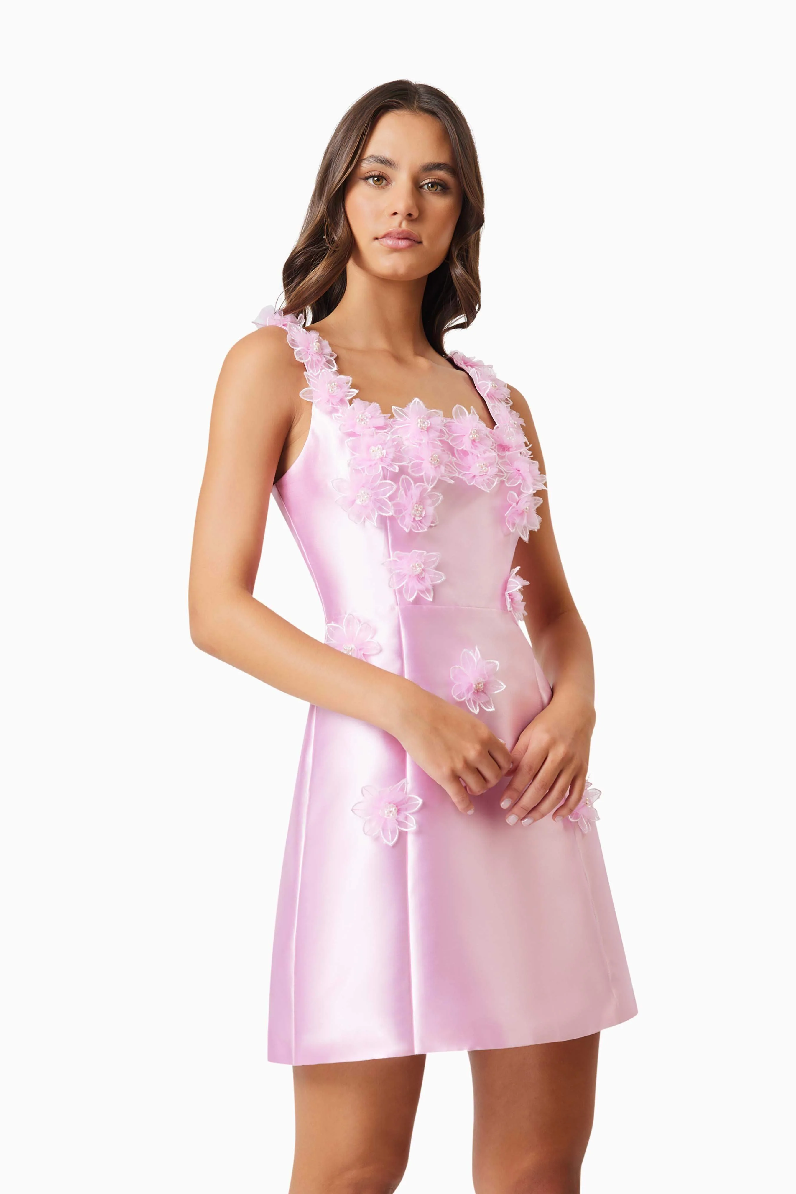 Elder Floral Decal Applique Mini Dress In Pink