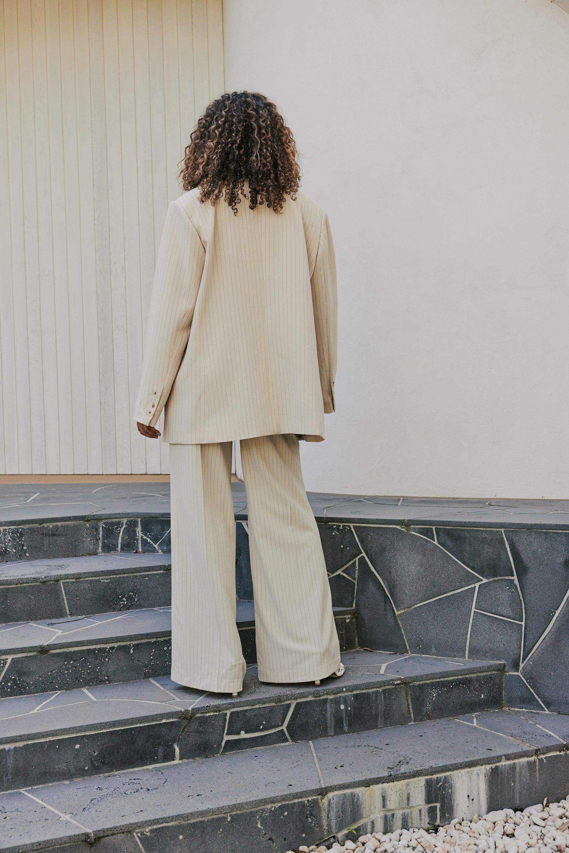 CURAAE Lyric Oversized Pinstripe Blazer In Beige