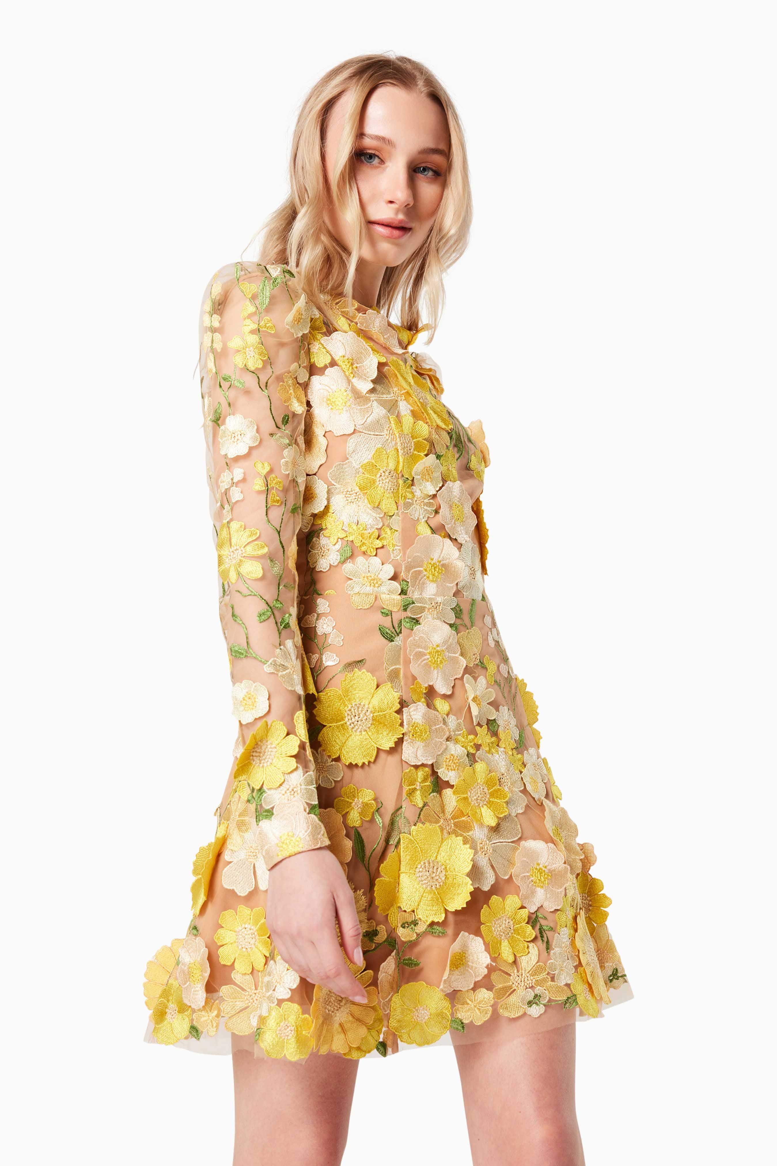 Goldenvoice 3D Floral Mini Dress In Yellow