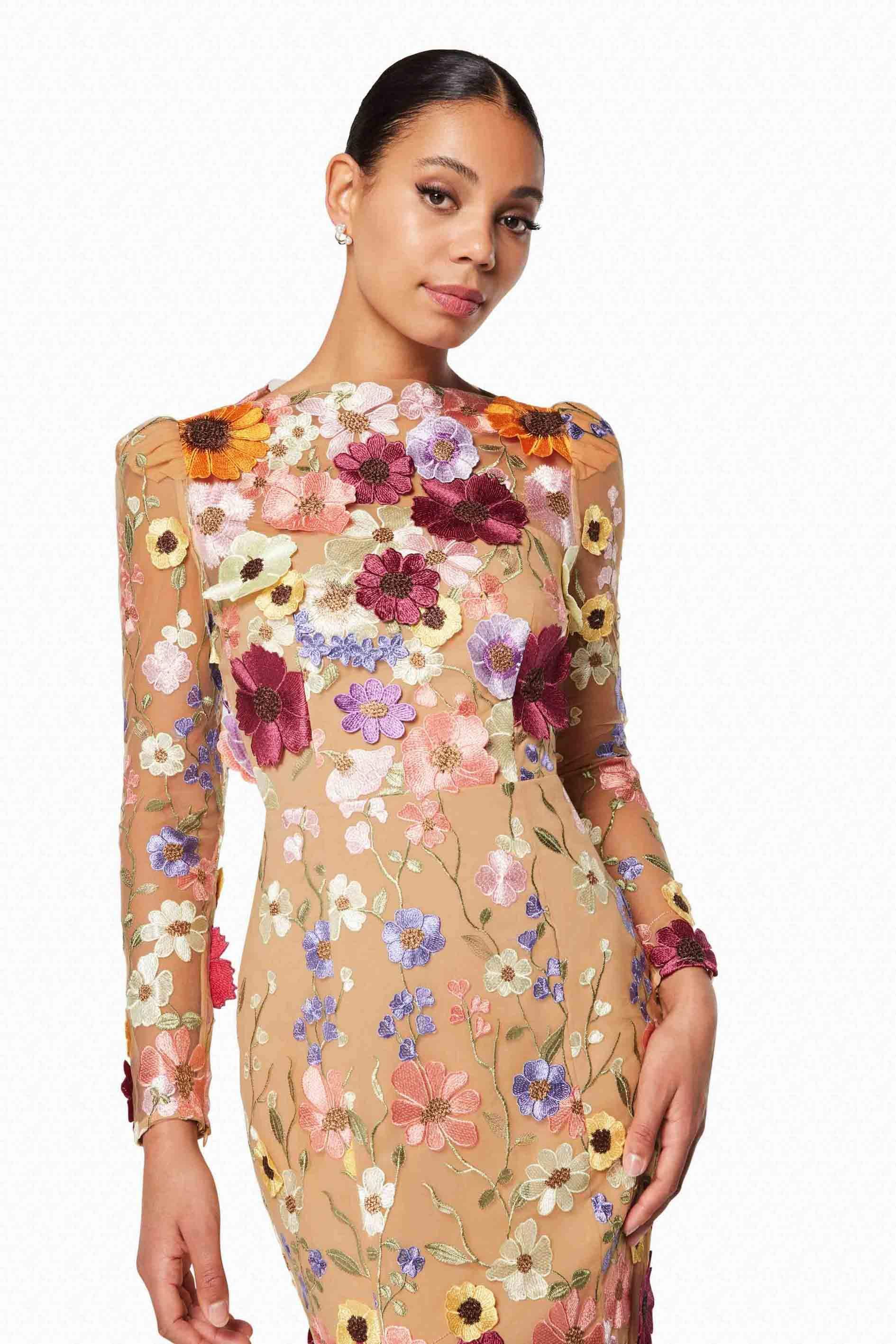 Shannon 3D Floral Midi Dress In Pink