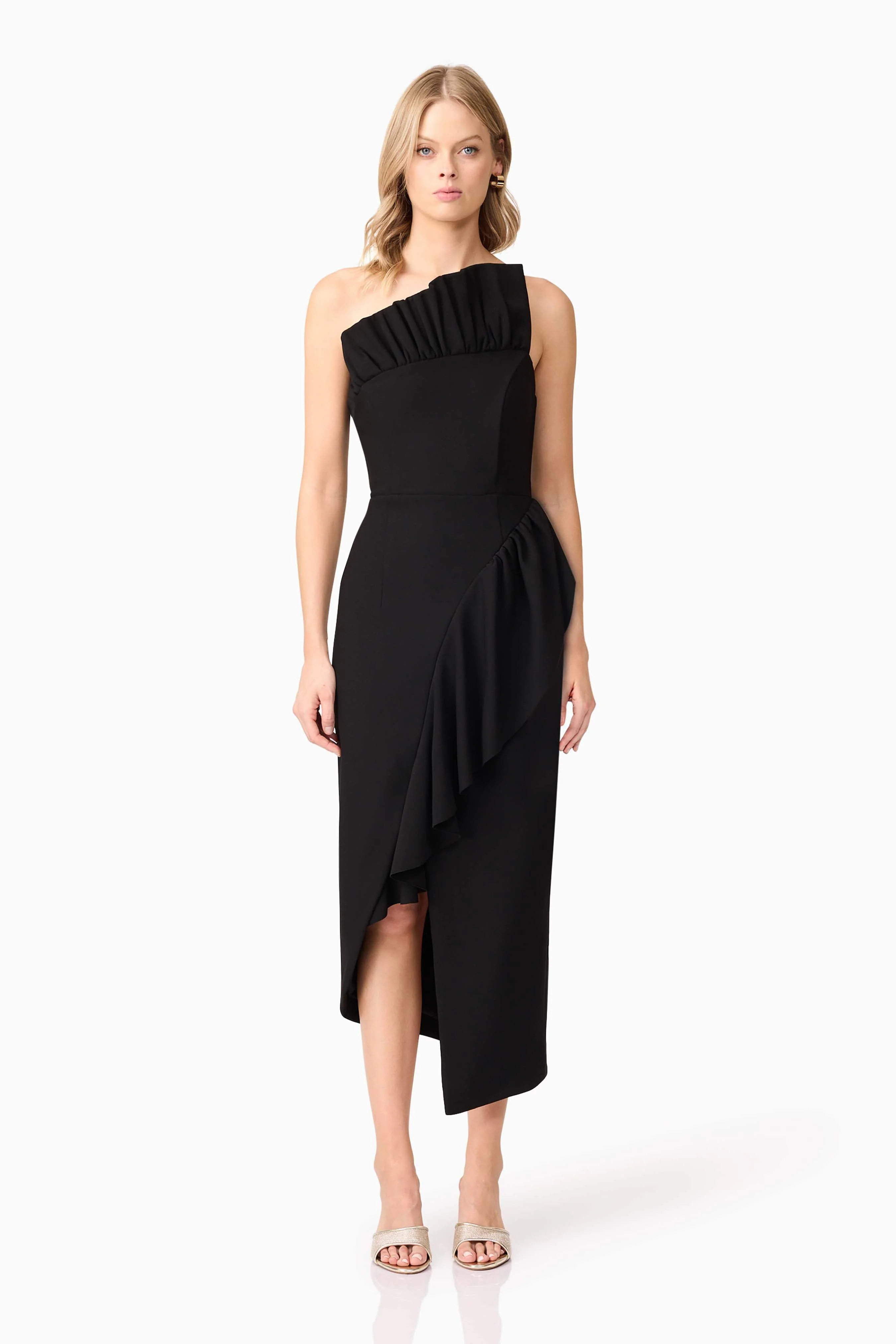 Ava Asymmetrical Midi Dress in Black